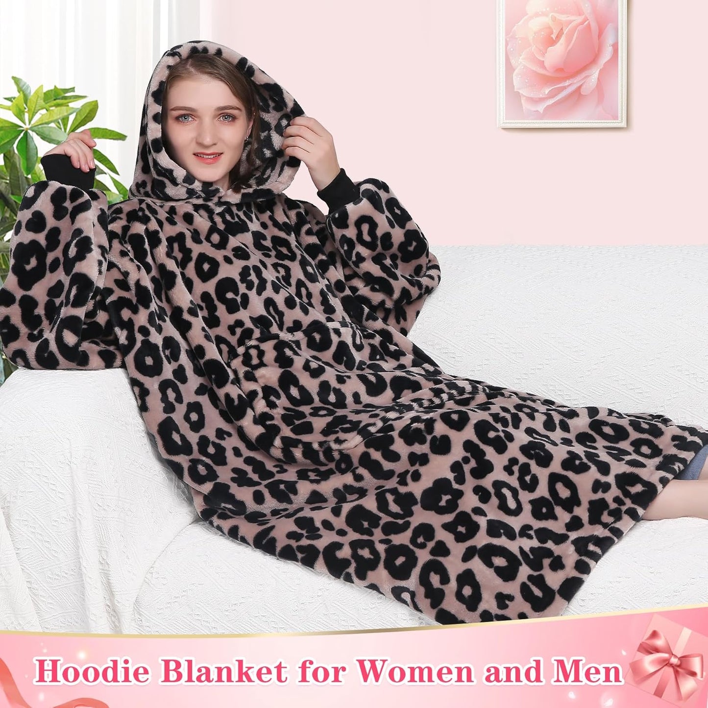 Waitu Wearable Blanket Sweatshirt Gifts for Women and Men, Warm and Cozy Blanket Hoodie, Thick Flannel Hoodie Blanket, Blanket Robe for Adults and Kids - Leopard
