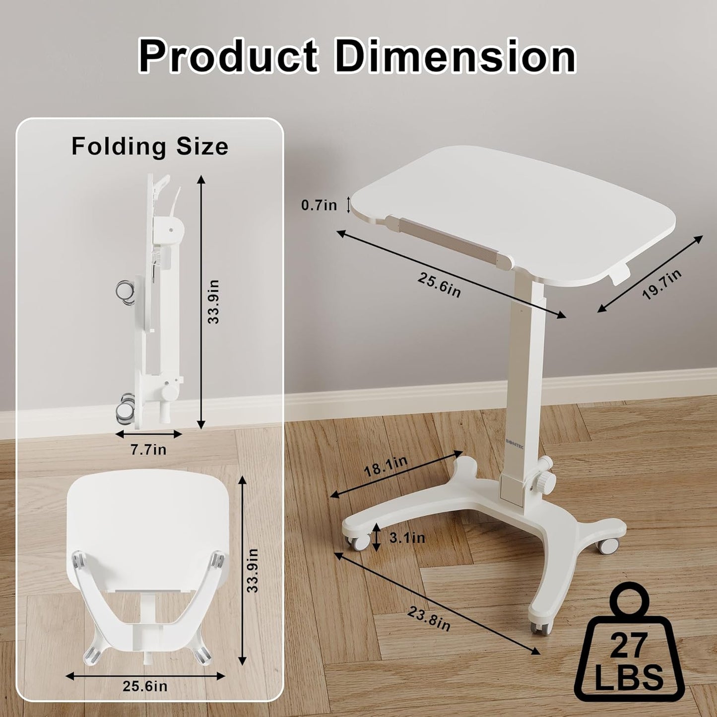 BONTEC Mobile Foldable Standing Desk, Portable Adjustable Height Desk with Gas Spring, Small Rolling Laptop Desk with Wheels for Home, Office, Bedroom, and Medical Use, 25.6" x 19.7" Desktop, White
