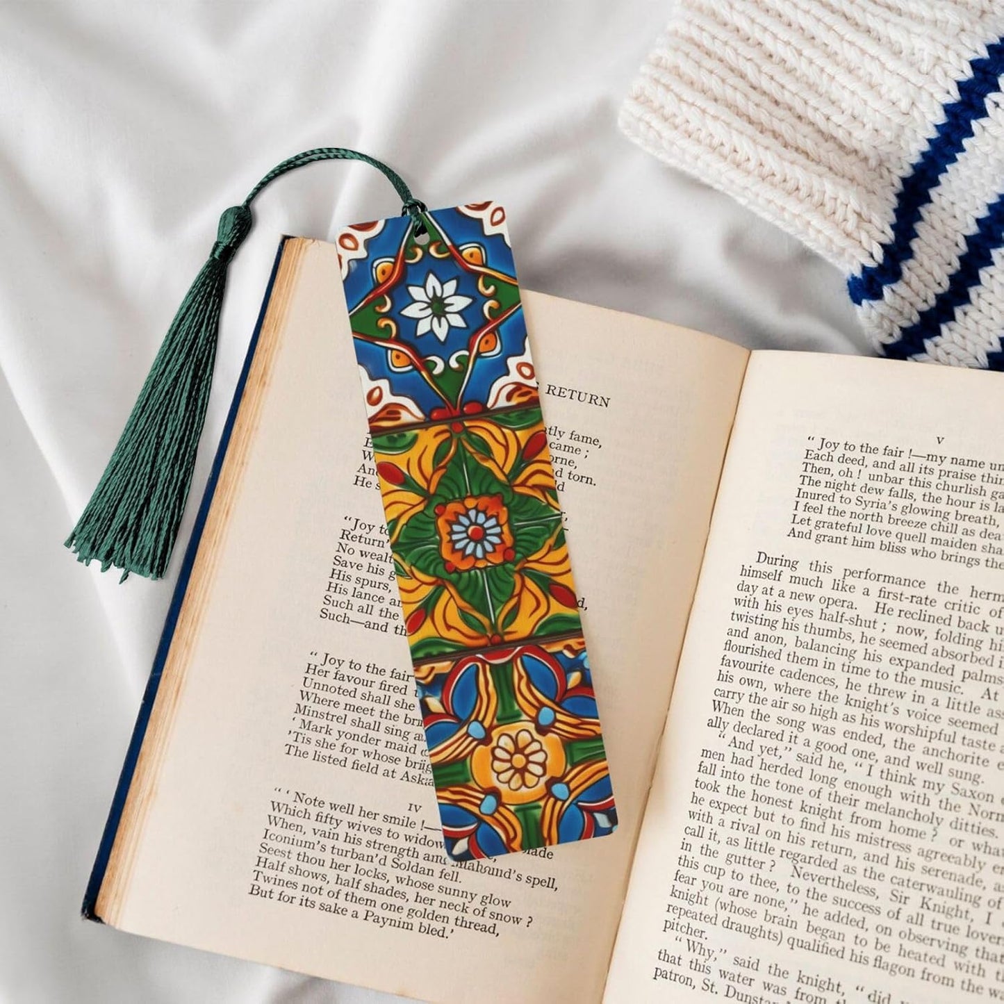 Mexican Ceramic Tile Bookmarks Gifts, Wood Bookmark for Women Men Handmade Book Mark for Book Lovers, Wood Tags Reading Page Markers Rectangle Shape Ornaments with Tassels