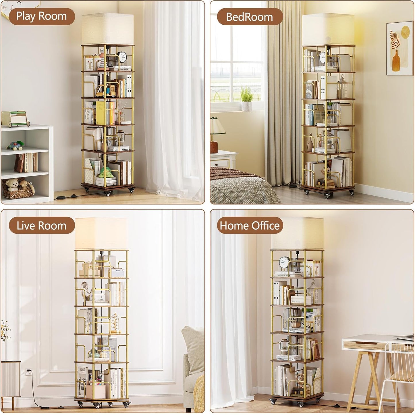 5 Tier Rotating Bookshelf with LED Light, 360 Degree Spinning Square Storage Shelf for Small Corner, Rotating Bookshelf Tower for Home, Rooms, Office (Gold+Brown)