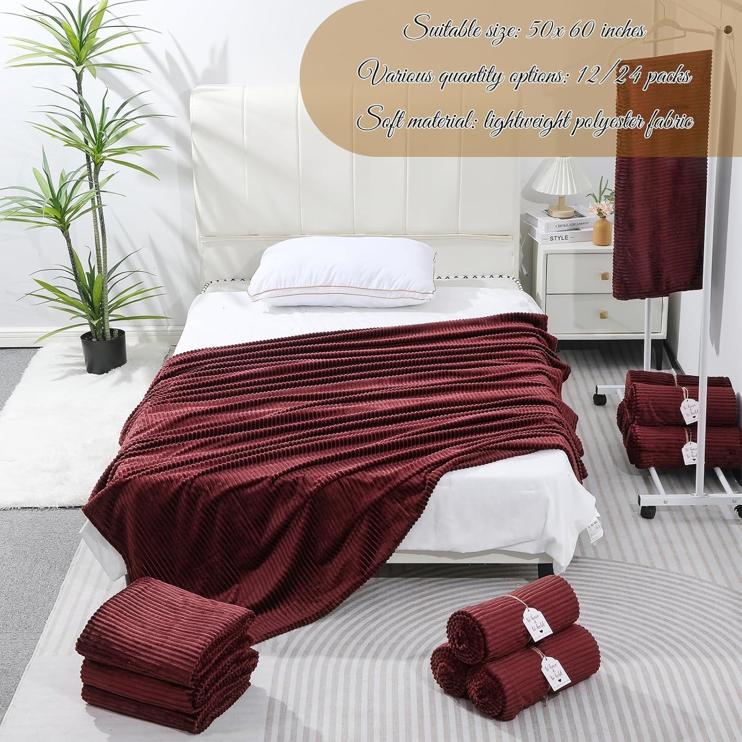 24 Pcs Burgundy Wedding Flannel Throw Blanket Bulk 50 x 60 Inch with to Have to Hold Card Striped Ribbed Soft Throw Blanket Lightweight Blankets for All Seasons Wedding Gifts Sofa Room(Burgundy)