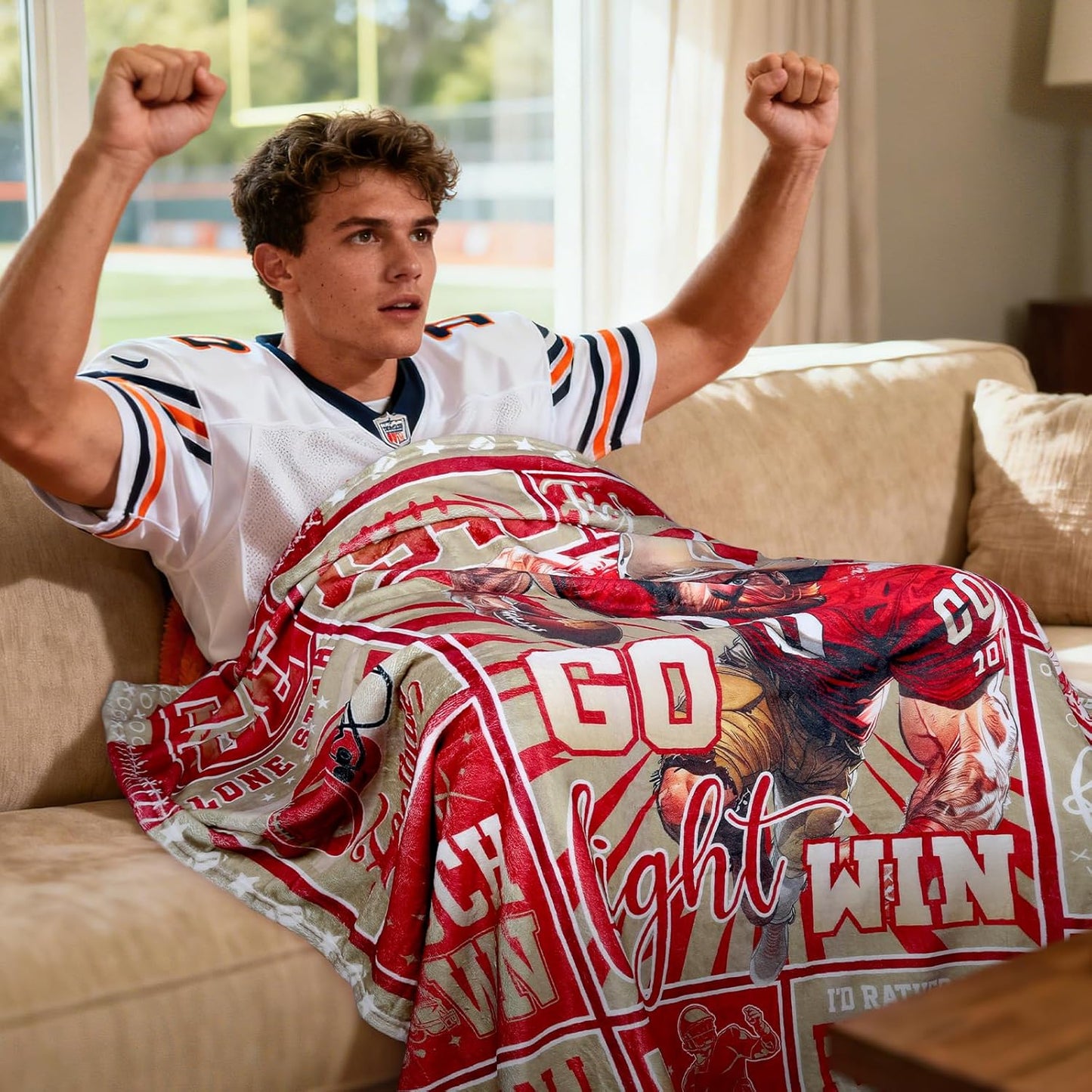 Red Football Throw Blanket, American Rugby Cozy Flannel Plush Blanket, City Football Lovers Fan Gifts for Men Women Sport Team Game Party Support Sofa Bed Blankets 50'' x 60''