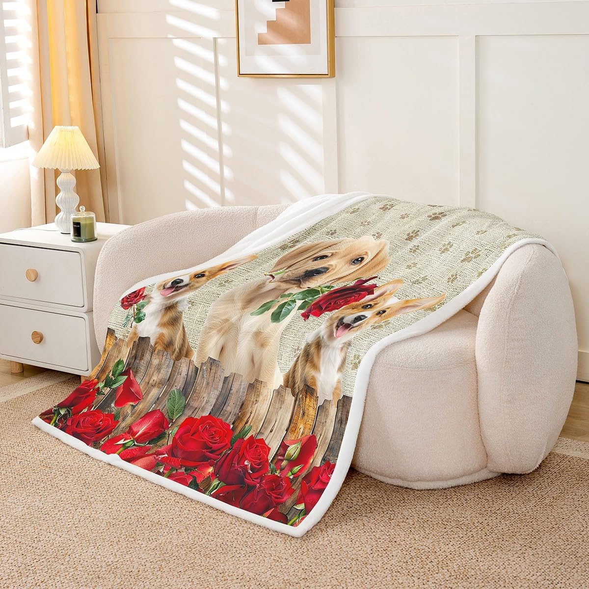 Rose Flower Puppy Bed Blanket,Kawaii Pet Dog Throw Blanket for Kids Boys Girls Home Room Decor,Floral Animal Corgi Paws Fleece Blanket,Wooden Stripes Cute Dog Fuzzy Blanket,for Chair/Sofa,90"×90"