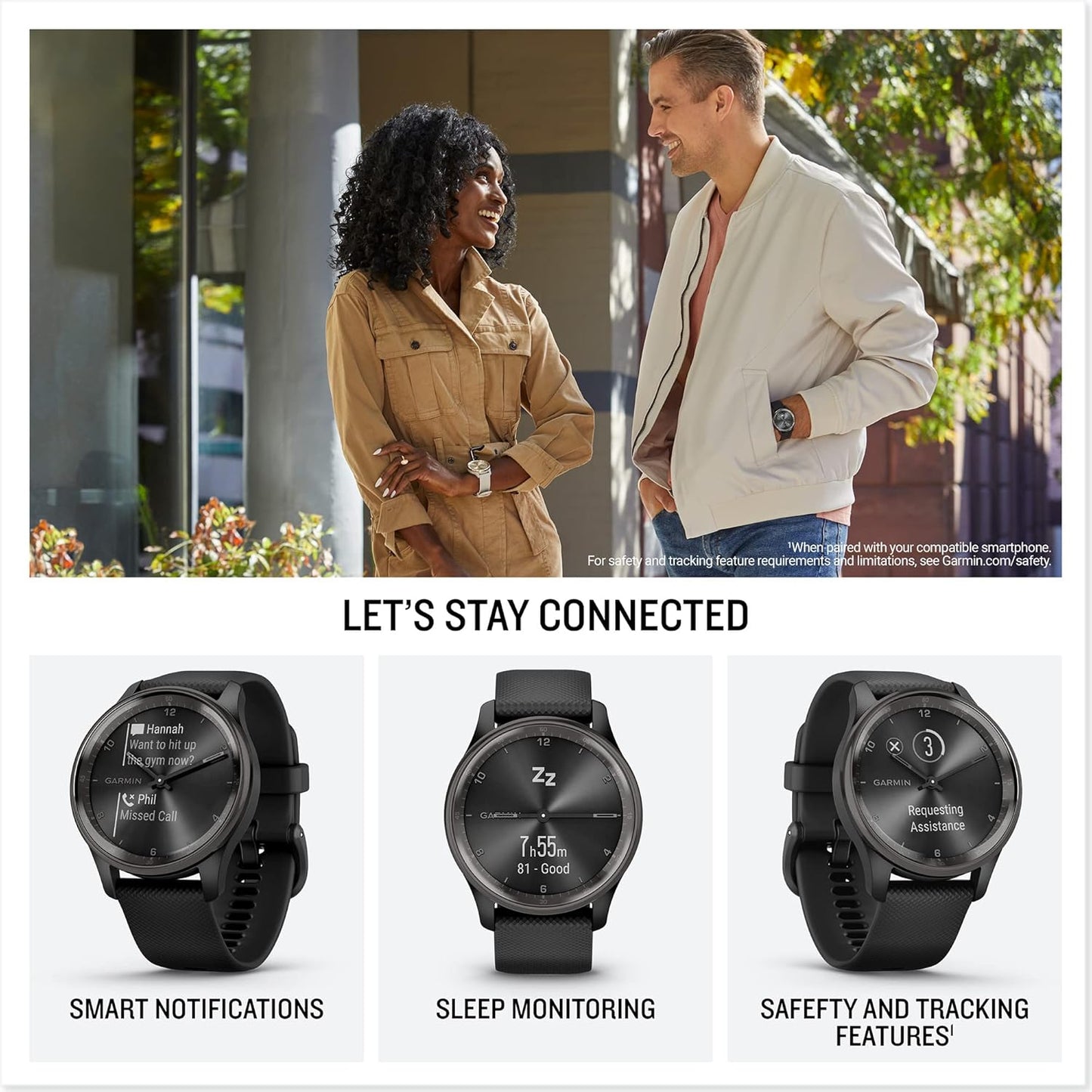 Garmin vívomove Trend, Stylish Hybrid Smartwatch, Long-Lasting Battery Life, Dynamic Watch Hands and Touchscreen Display, Black