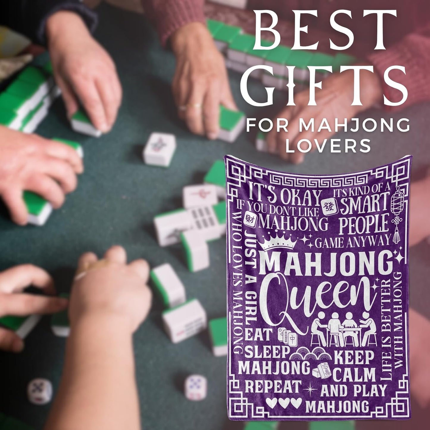 Mahjong Gifts for Women, Funny Mahjong Flannel Throw Blanket for Mahjongg Lovers, 50 x 65 Inch, Skin Friendly, Novelty Mahjongg Throw Blanket - Purple