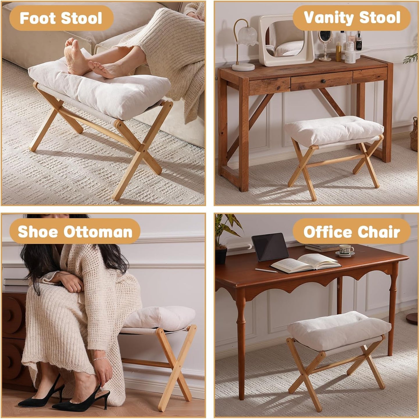 Ottoman Foot Rest- Bamboo Foldable Stool, Foot Stools Small Ottman with Upholstered & X Legs, Folding Stool for Makeup, Bedroom and Living Room (Large Beige)