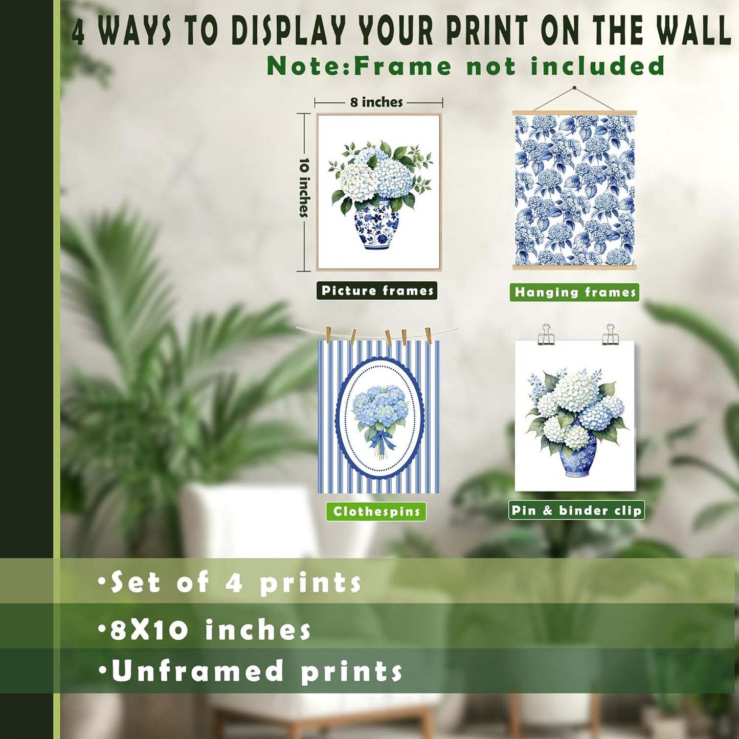 LUKIPOM Chinoiserie Hydrangea Floral Wall Art Posters Set of 4, Grandmillennial Home Decor, Blue and White Porcelain Hydrangea Flower Canvas Prints Artwork Wall Decor, 8x10 Unframed