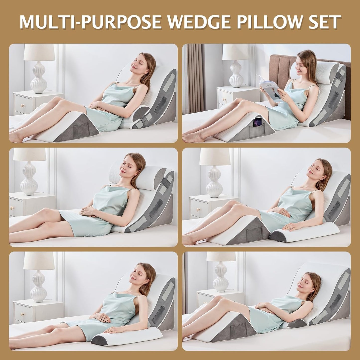 Bed Wedge Pillow, 4PC Adjustable Memory Foam Triangle Wedge Pillow Set For After Surgery, Pillow Wedge For Sleep Apnea, Back Pain Relief, Acid Reflux Relief, Orthopedic Pillow Wedge For Sleeping, Grey