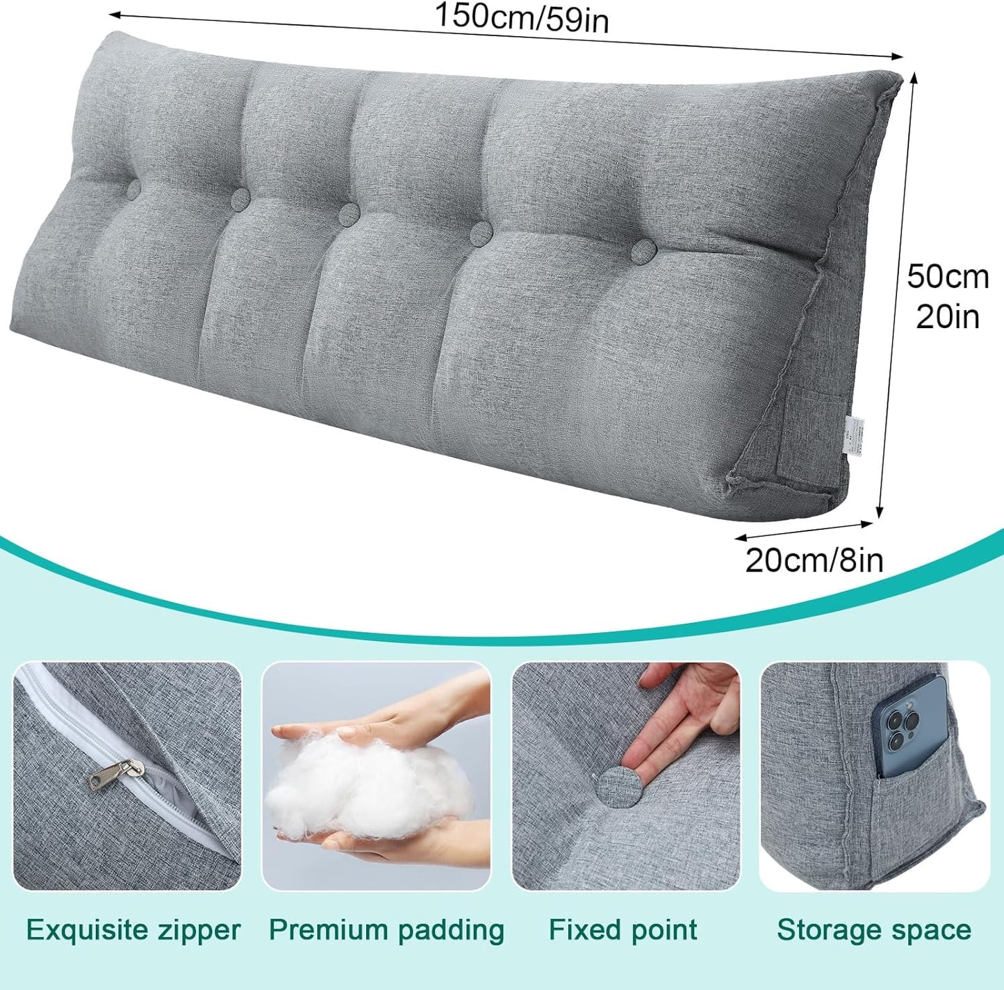 Wenqik Wedge Pillow Queen Triangular Headboard Bed Reading Backrest Back Support Long Pillow with Removable Cover for Dorm Room Supplies Housewarming Gift(Gray)