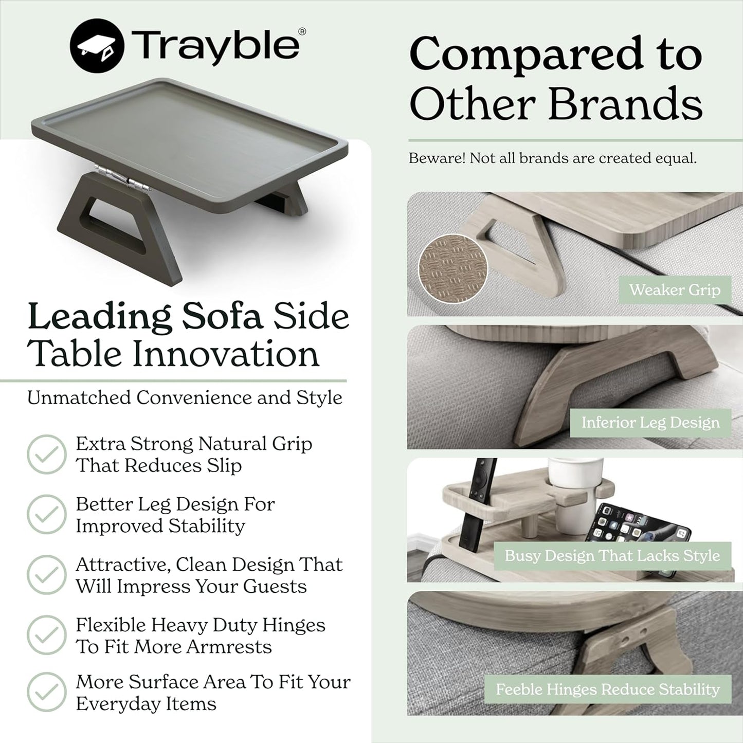 Shamrock Home Bamboo Trayble Couch Arm Table, Clip On Tray Sofa Table for Couches. Sofa Arm Tray, Armchair Table for TV Dinners, Remotes, Drinks and Snacks - 13.75 x 9.5inch, Grey