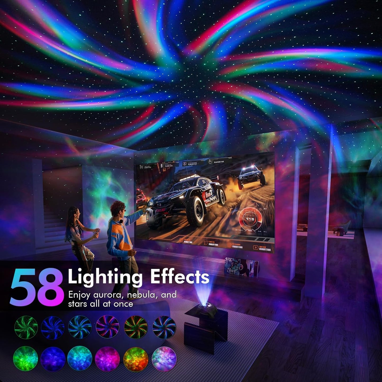 Rossetta Dual Lens Galaxy Projector, Star Projector for Bedroom with 58 Light Effects, Night Light Projector with White Noise & Bluetooth Speaker, Remote Timer, Easter Room Decor Gift for Kids Adults