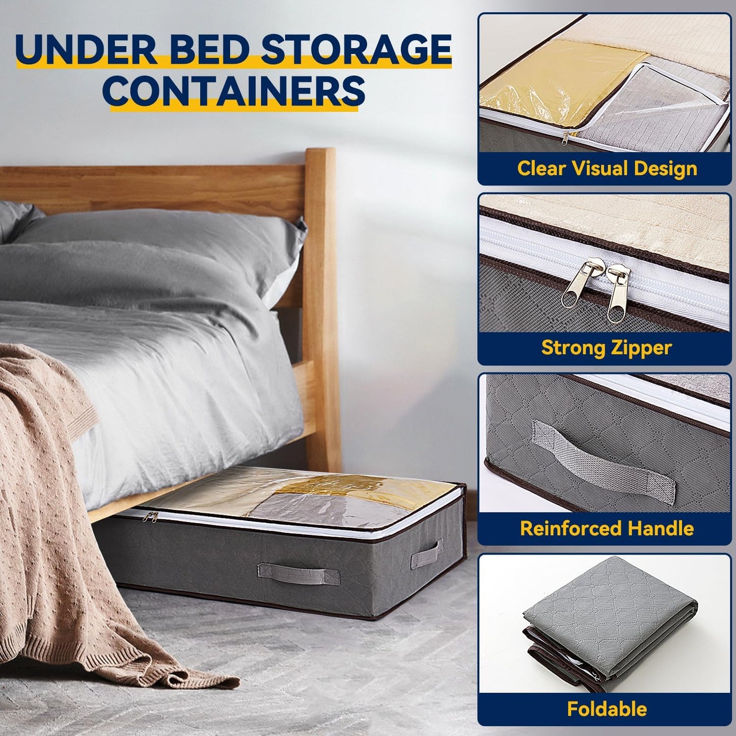 3 Pack Under Bed Storage Containers, 7 Inches Tall Low Profile Underbed Clothes Storage Bins, Closet Organizers and Clothes Storage Bags, Under the Bed Blanket Storage with Clothing, Bedroom, Bedding
