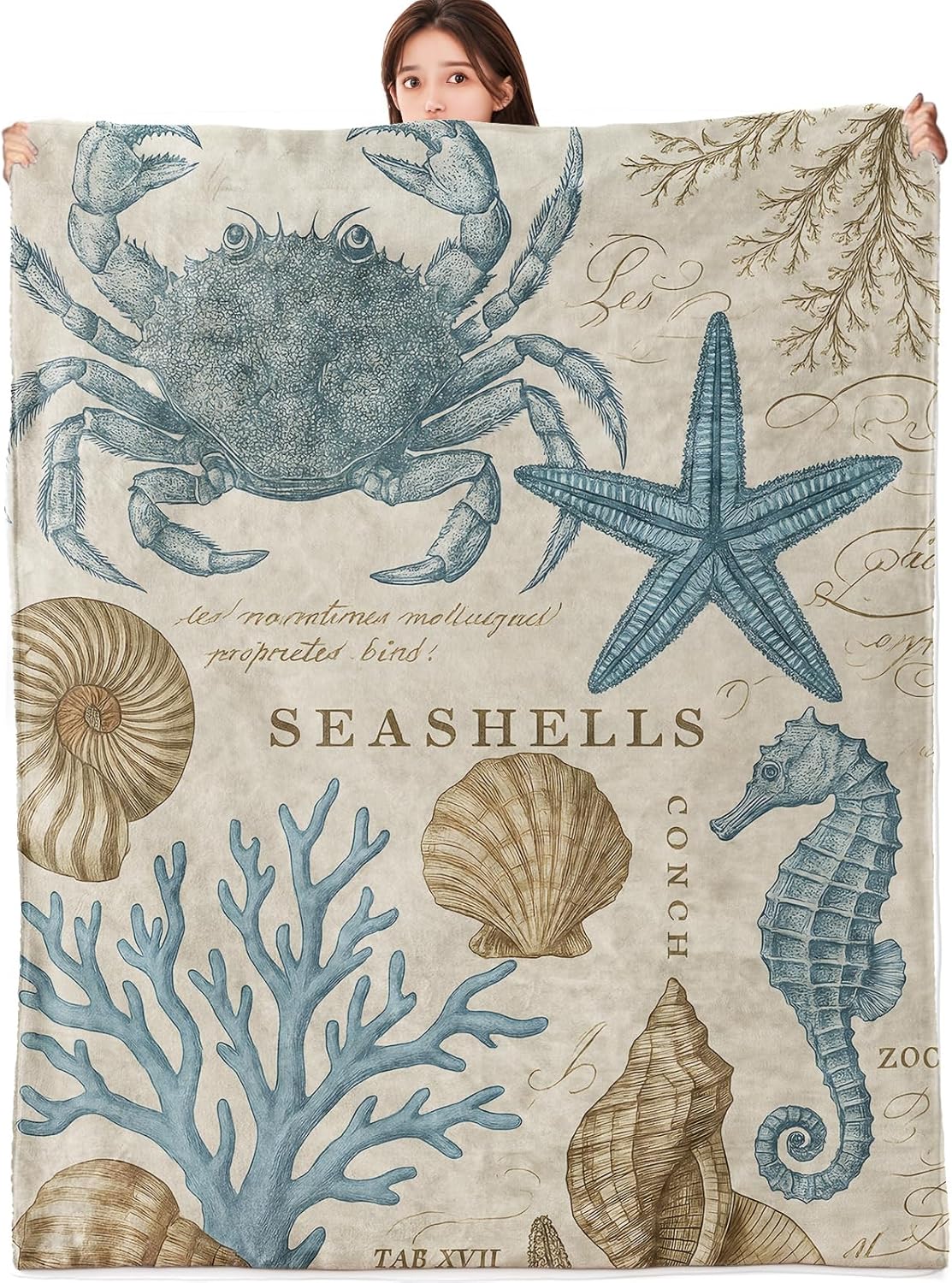 Vintage Sea Creature Blanket Lightweight Flannel Blankets Gifts for Adults Ocean Design with Crab Starfish Seahorse Coral and Shell Printed Throw for Couch Chair Summer Beach Decor, 60x50inch
