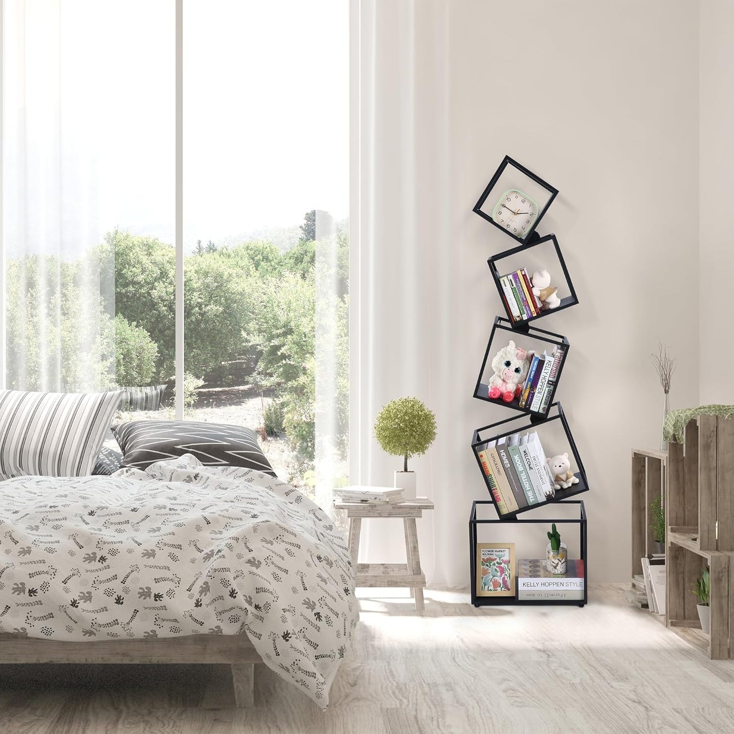5-Tier Geometric Metal Bookshelf, Modern Unique Floor Corner Book Shelf 67", Display Storage Bookcase for Living Room, Bedroom, Office, Home Decor, Black