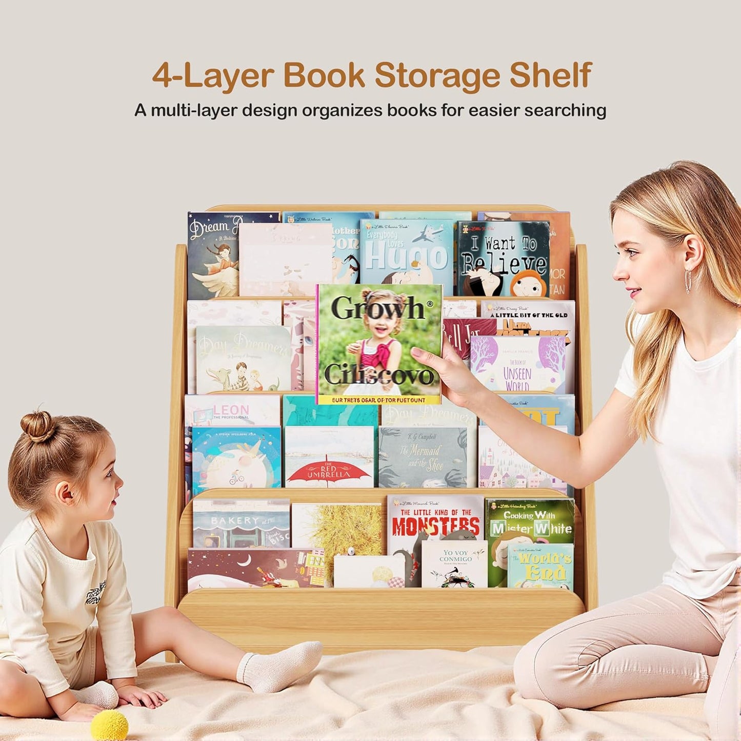 Lkeiyay Montessori Kids Bookshelf, Wooden 4-Tier Front Facing Book Organizer for Nursery Classroom Kids Room