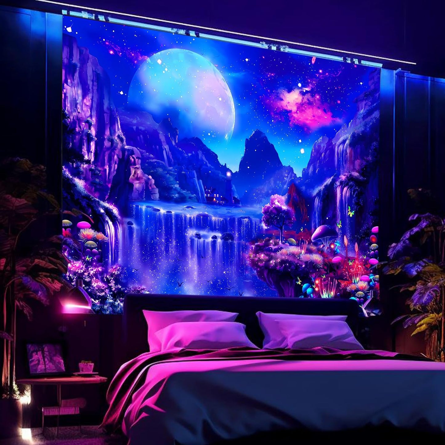 Avinyl Blacklight Space Tapestry for Bedroom, Black Light Moon and Mushroom Large Tapestries 60" x 79", Glow In The Dark Fantasy Waterfall Landscape Wall Hanging for Living Room Dorm Decor