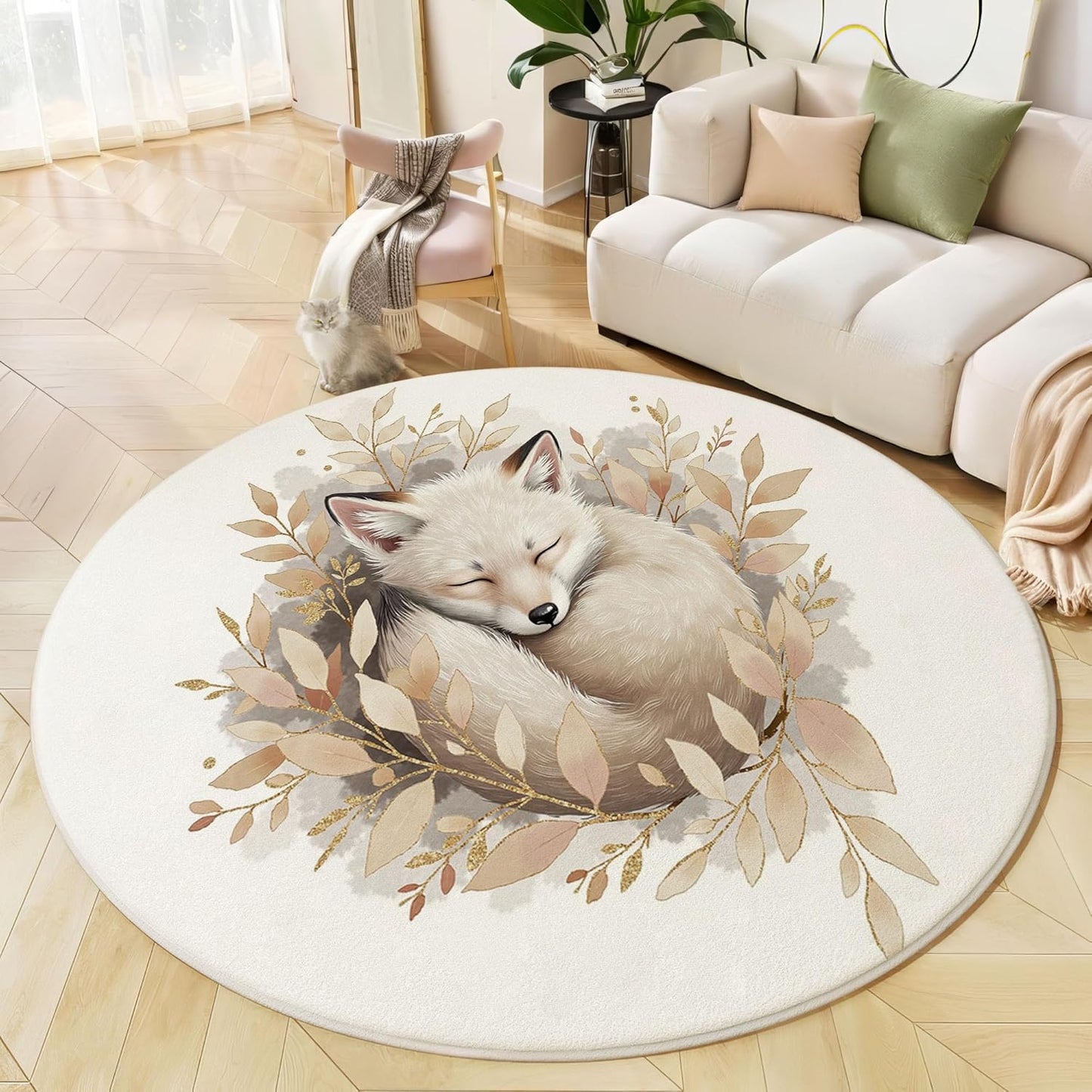 Watercolor Fox Twigs Round Rugs 2Ft, Animal Illustration Round Living Room Area Rug, Washable Large Soft Circle Rug for Bedroom, Non Slip Ultra Thin Floor Carpet for Dining Room, Beige