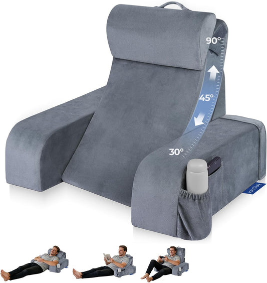 Adjustable Wedge Reading Pillow — Large, 30–90° Stepless Angle, Detachable Arms, Bed or Couch