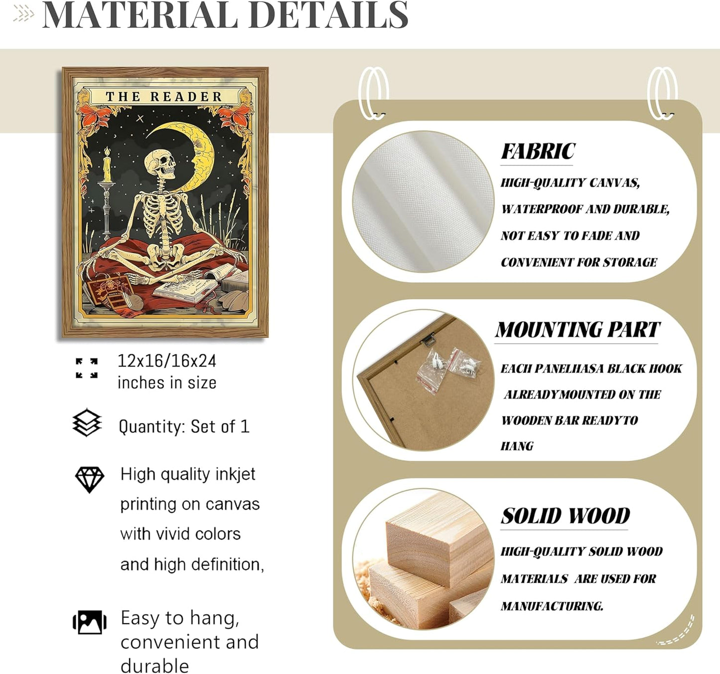 Framed The Reader Tarot Canvas Wall Art, Skeleton Reader Tarot Card Pictures Wall Decor, Bookish Witchy Library Poster Print Artwork for Witchy Reading Nook Book Lover Gift 12x16 inch