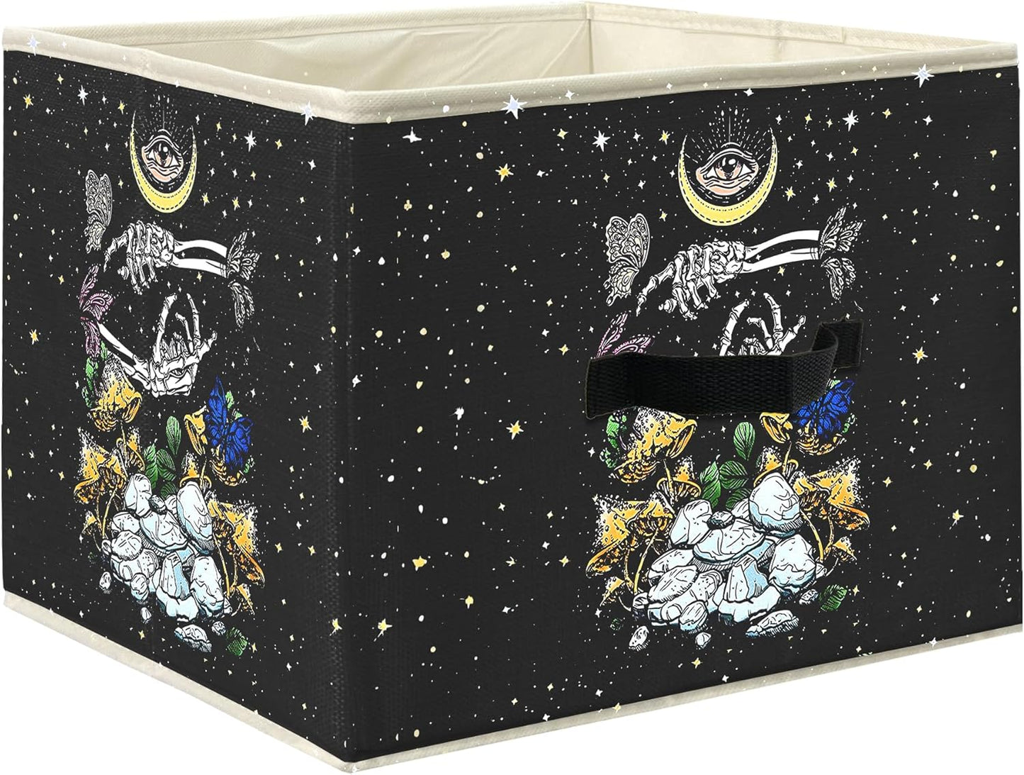 Knibeo Gothic Skull Mushroom Moon Fabric Storage Bins for Shelves Closet, Skeleton Butterfly Tarot Gothic Aesthetic Collapsible Cube Baskets Organizer for Clothes Books Toys