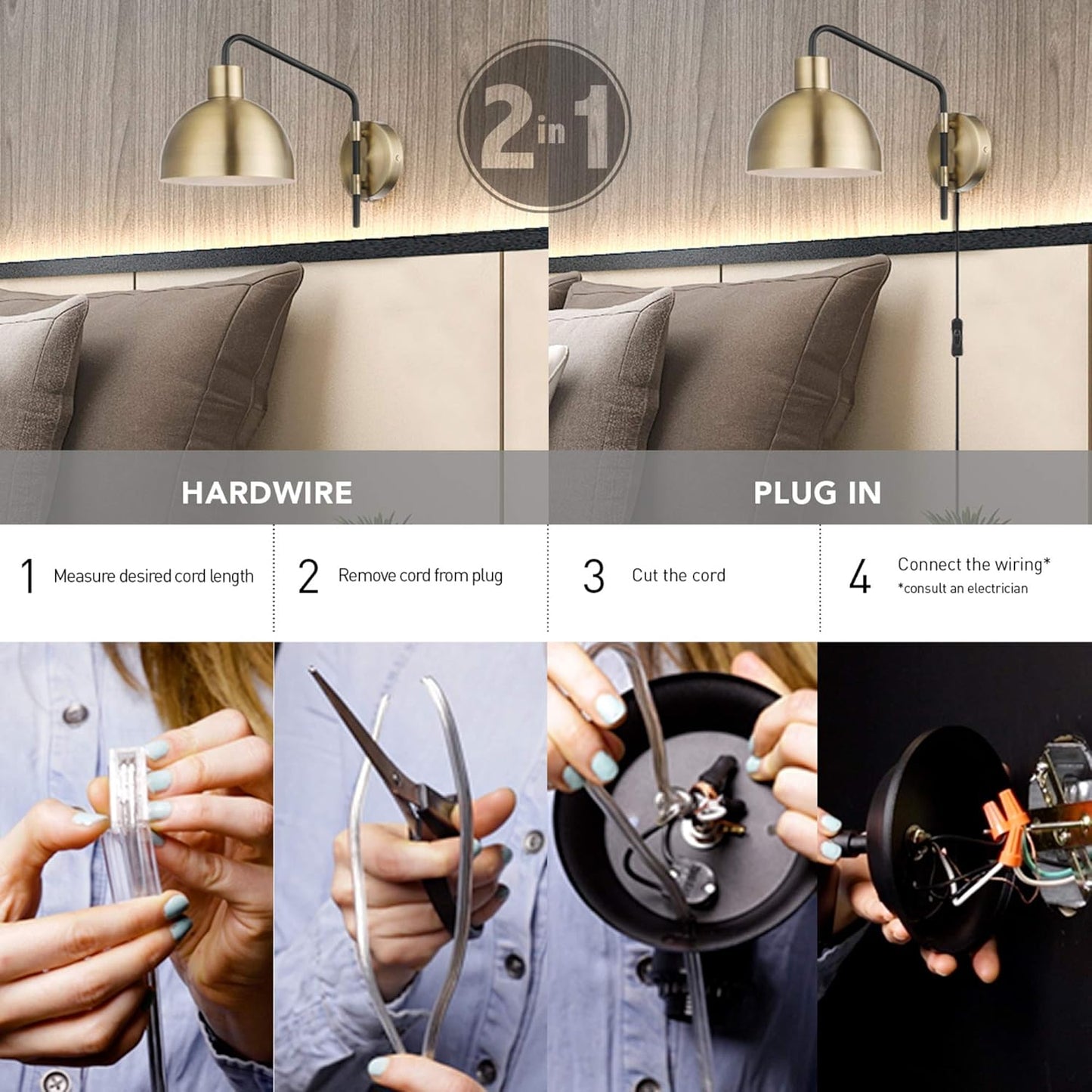 Globe Electric 51719 1-Light Plug-in or Hardwire Wall Sconce, Antique Brass, Matte Black Accent, Fabric Cord, in-Line On/Off Switch, Kitchen, Reading Light, Home Essentials, Bedroom, Bedside Lamp