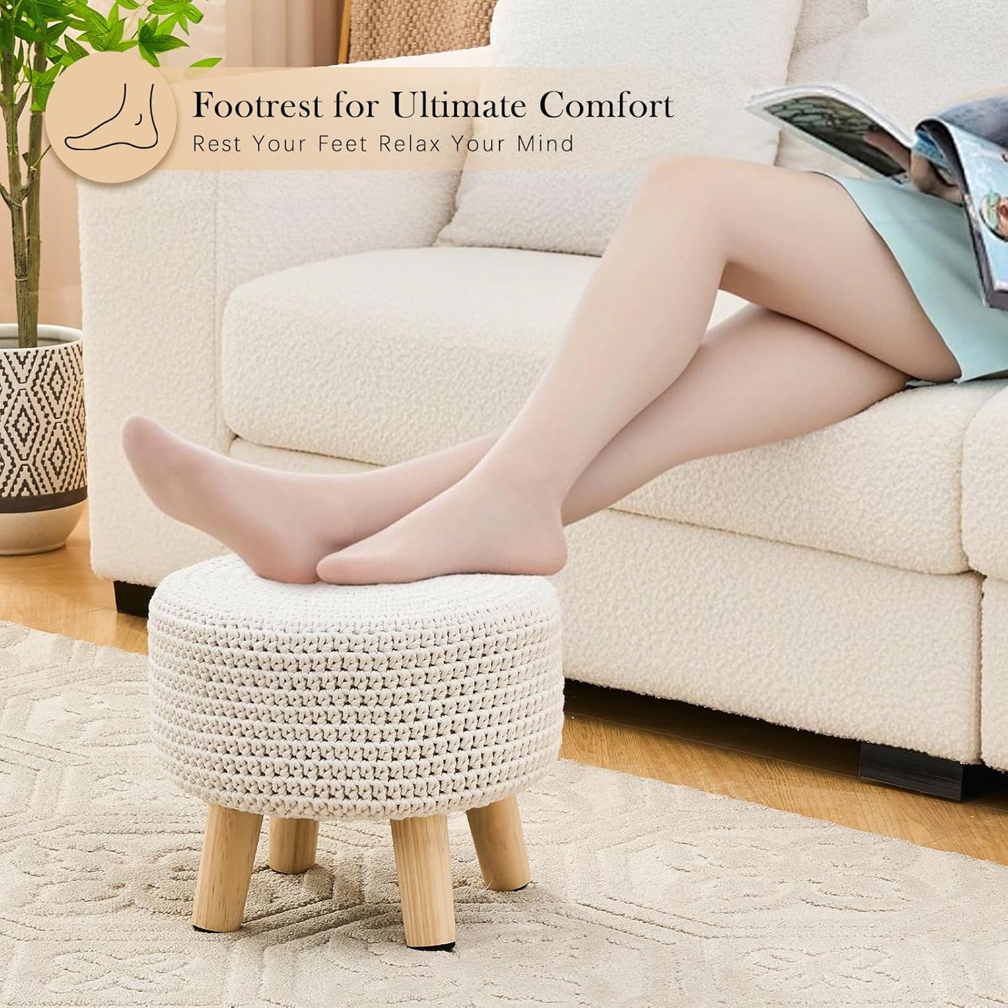 Boho Ottoman Foot Stool Cotton Knitted Round Pouf Ottoman Foot Rest Stool with Non-Skid Wooden Legs Step Stool Padded Seat for Living Room White