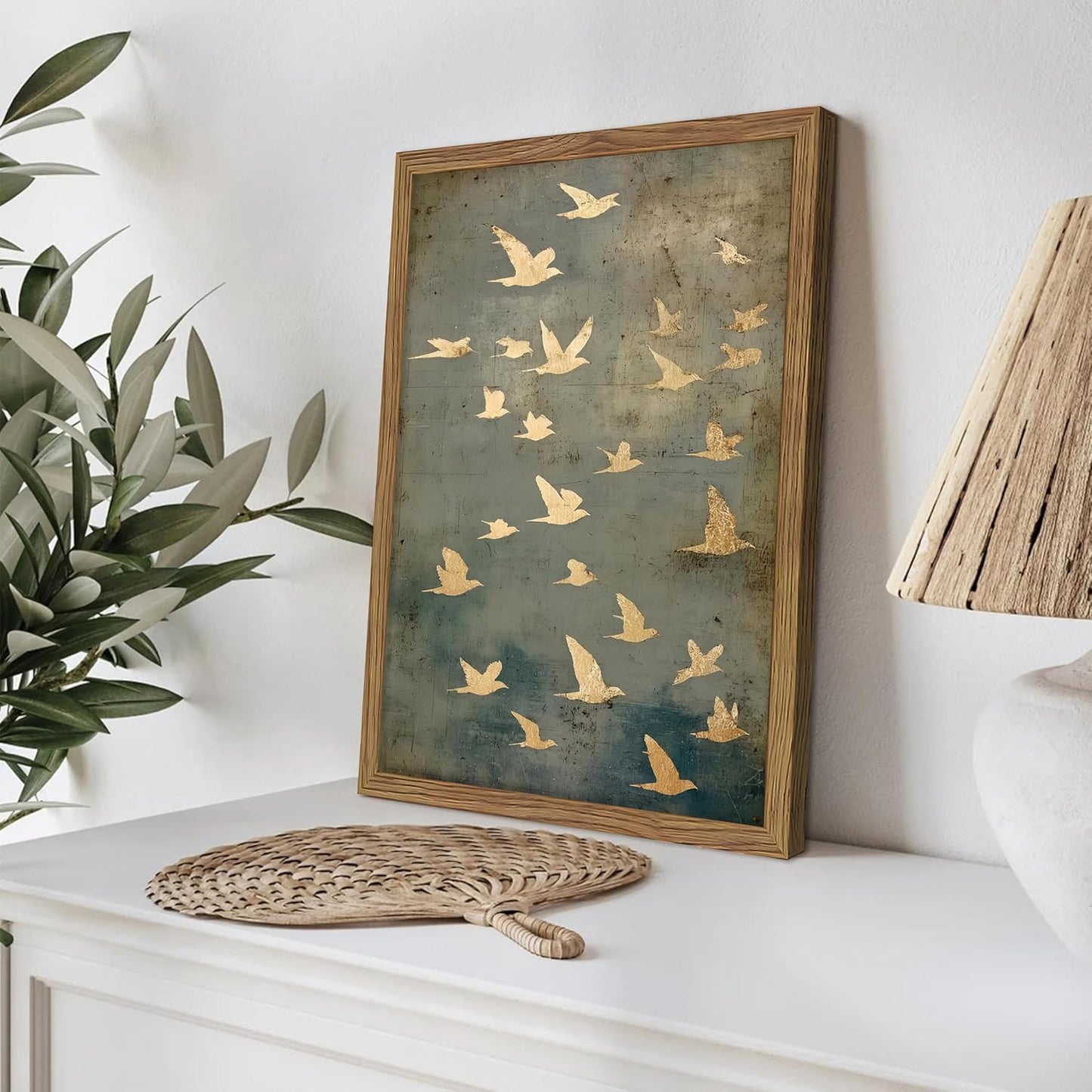 Framed Flock of Birds Canvas Wall Art, Vintage Minimalist Abstract Landscape Painting, Neutral Gold Birds Spiritual Wall Decor, Modern Aesthetic Pictures for Bedroom Living Room 8x10 inch