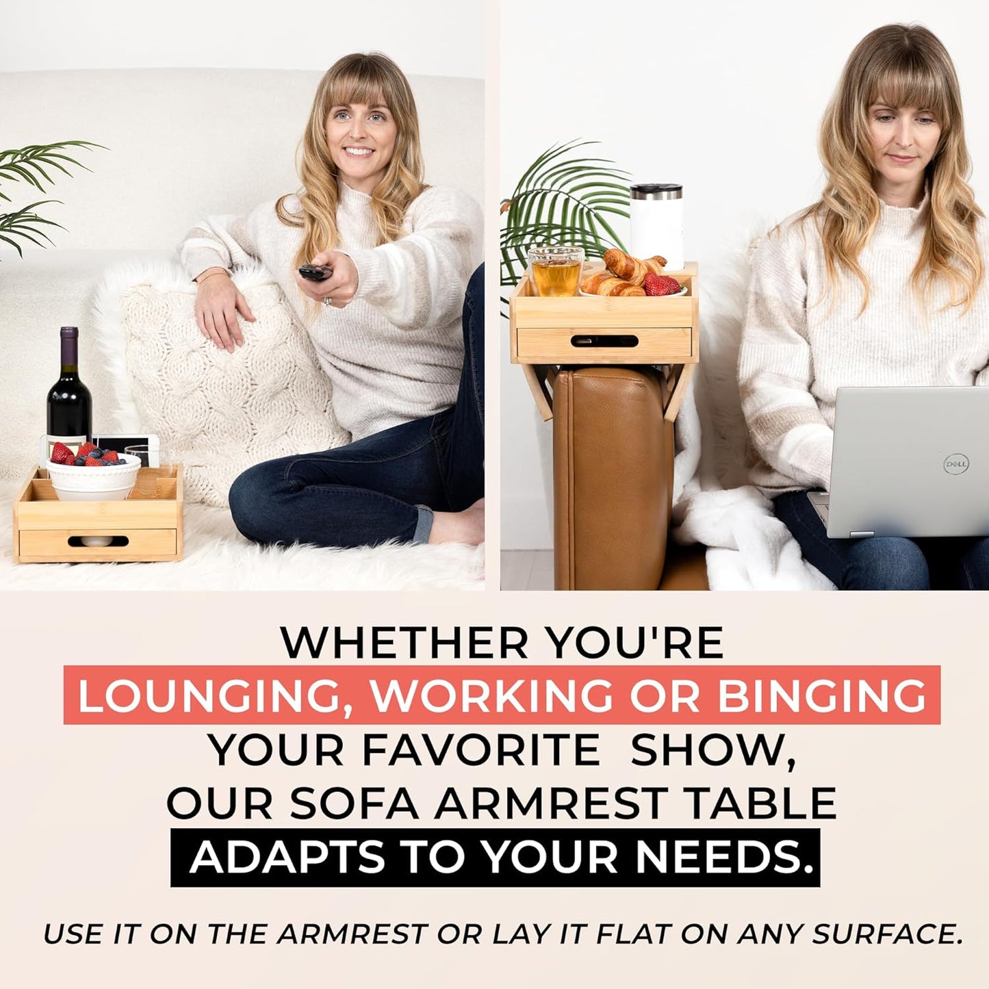 7-in-1 Sofa Armrest Tray with Drawer, Clip-On Side Table for Wide Armrest, TV Organizer with Cup Holder, Phone Stand, Remote Storage, Drinks, Snacks, and Accessories