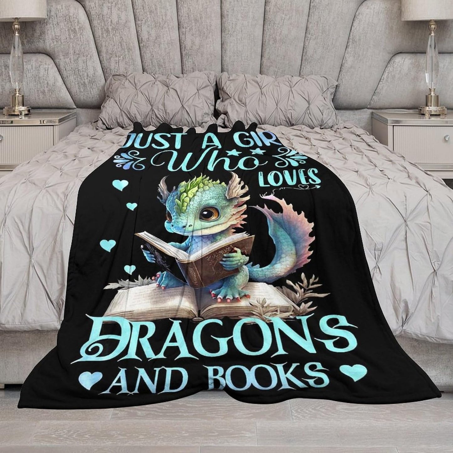 Just A Girl Who Love Dragons and Book Blanket Dragon Gifts for Girls Boys Woman Kids Reading Lover Throw Blankets Soft Blanket Warm Fleece Flannel Plush Blankets for Bed Sofa 40"x50"
