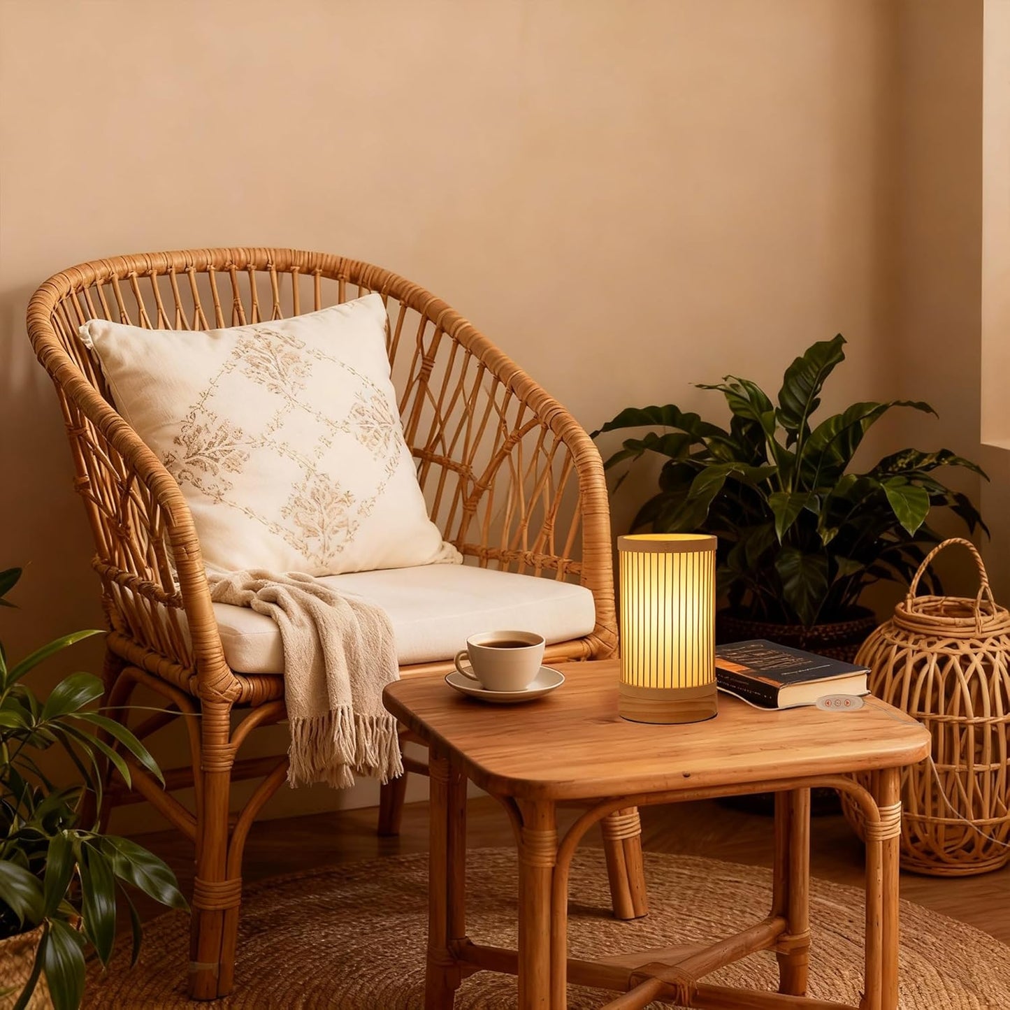 Bamboo Table Lamp, Small Boho Rattan Lamp Decorative with Dimmable Light, Woven Bedside Lamp for Bedroom, Cozy Nightstand Desk Lamps for Cafe/Entryway/Tabletop/Shelf Decor