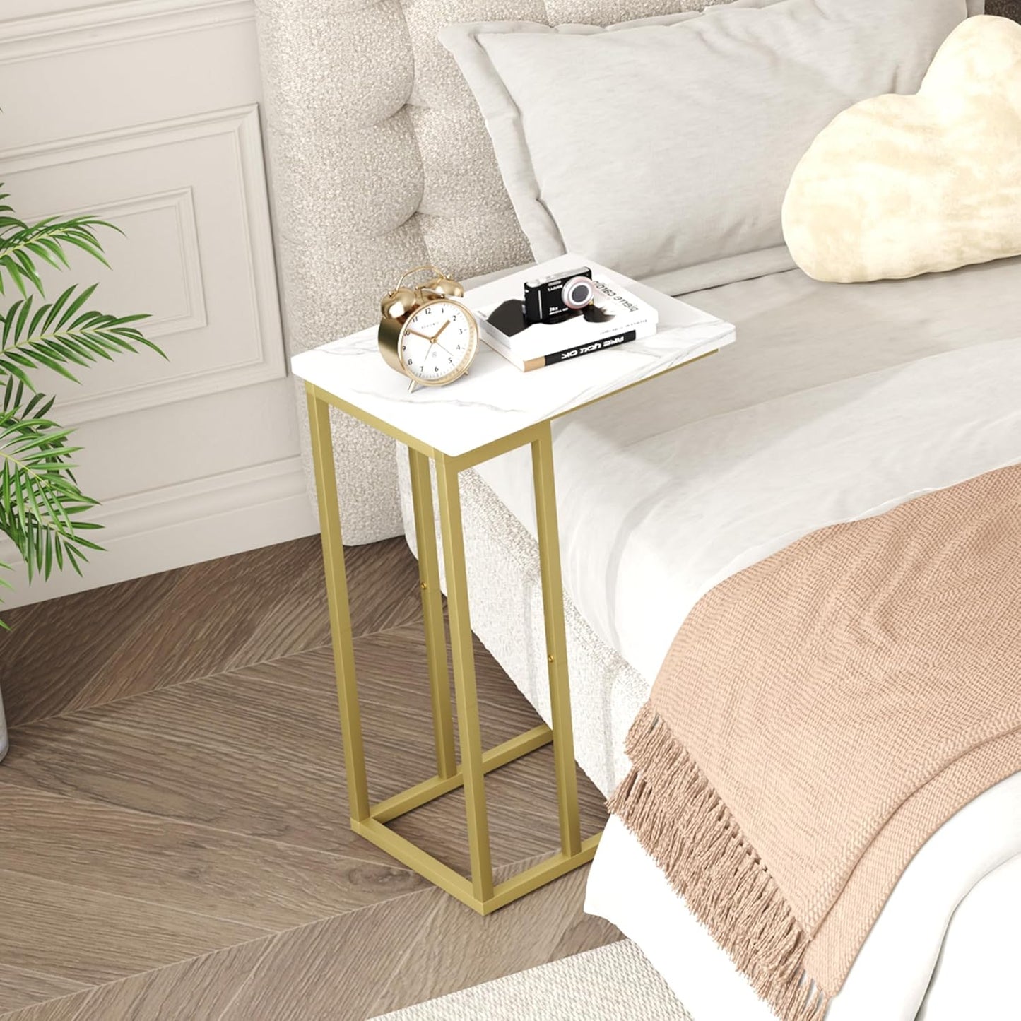 Function Home C Shaped End Table, Small Side Tables for Sofa Bed, Couch Tables That Slide Under, Drink Snack Table for Living Room Bedroom Small Space, White Wood Top and Gold Metal Frame