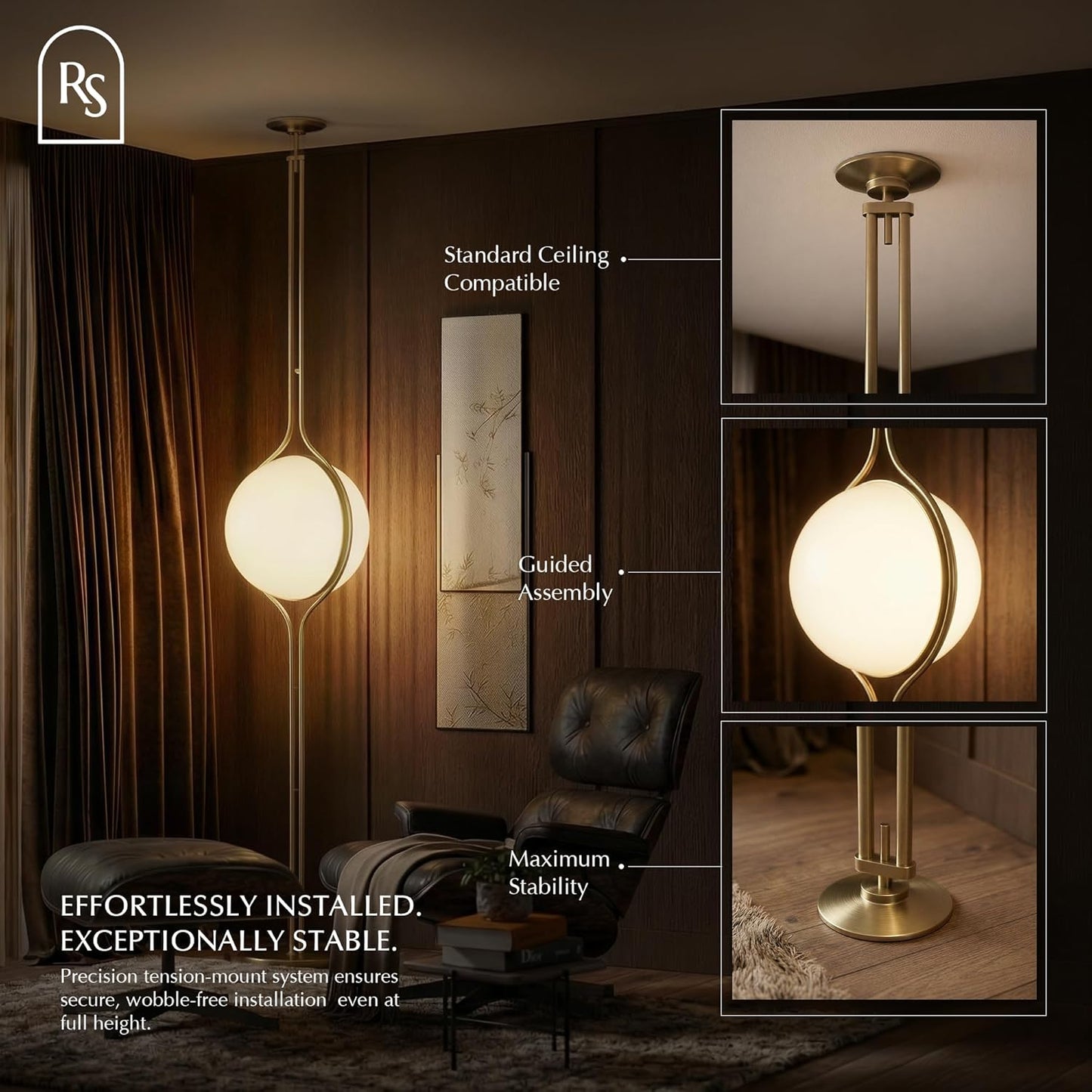 Residence Supply Zuru Floor to Ceiling Lamp - Adjustable 98"-110" Modern Pole Light with LED Bulb - Acrylic Globe Design - UL Certified - Sleek Metal Frame - Living Room & Bedroom Standing Lamp
