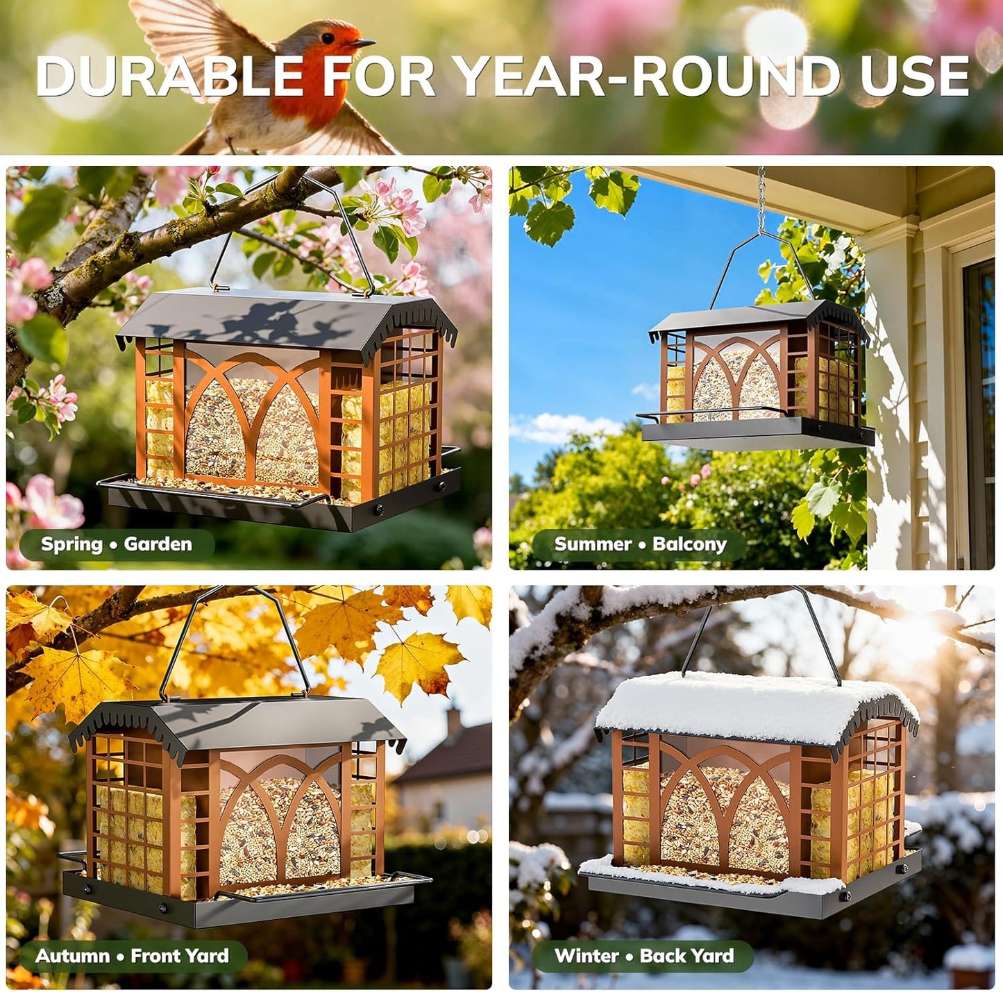 Bird Feeders for Outdoors Hanging, Metal Bird Feeder with Double Suet Cage Weatherproof Metal Roof, 3.5Lbs Large Capacity Great for Attracting Finch Cardinal Chickadee Wild Birds, Pinecone Brown