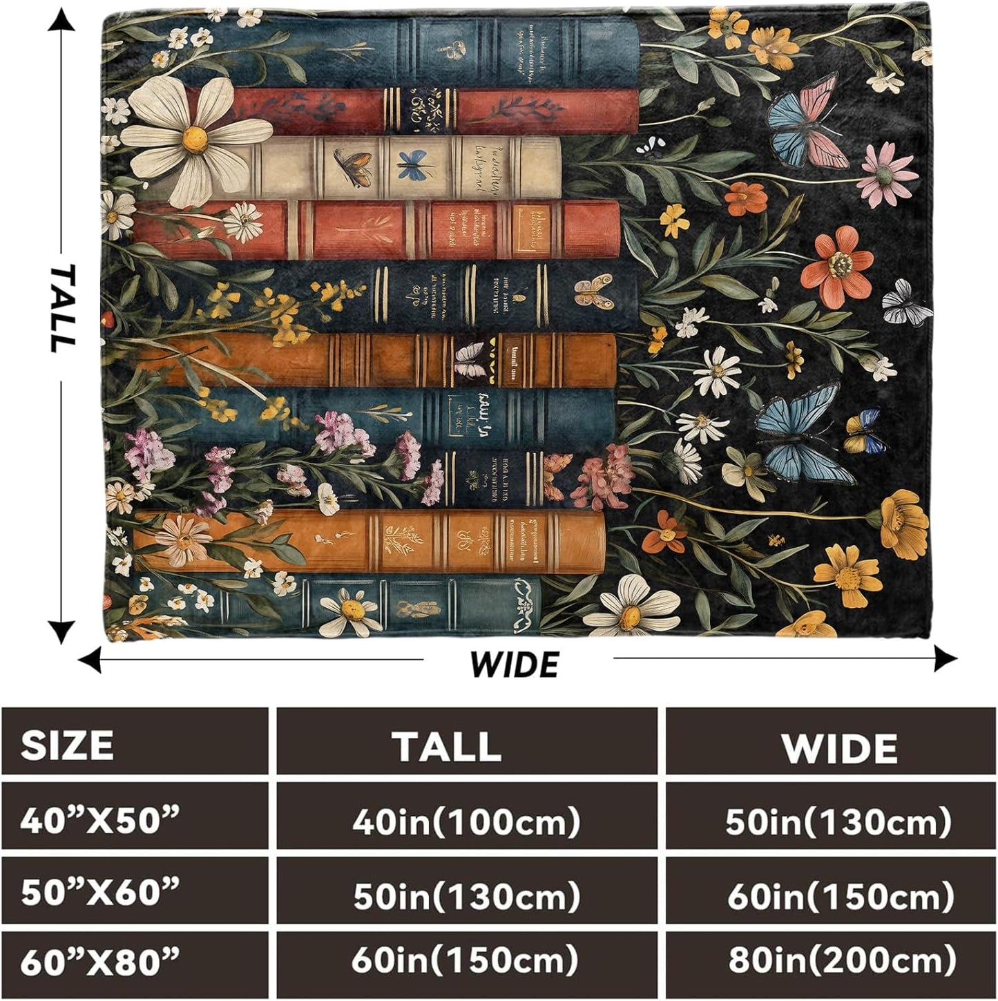 Vintage Book Blanket, Books with Floral and Butterfly Lightweight Comfy Blankets for Couch Sofa Bedroom, Soft Plush Travel Flannel Throw Blanket Gifts for Women Adults Kids, Home Decor 60×50in
