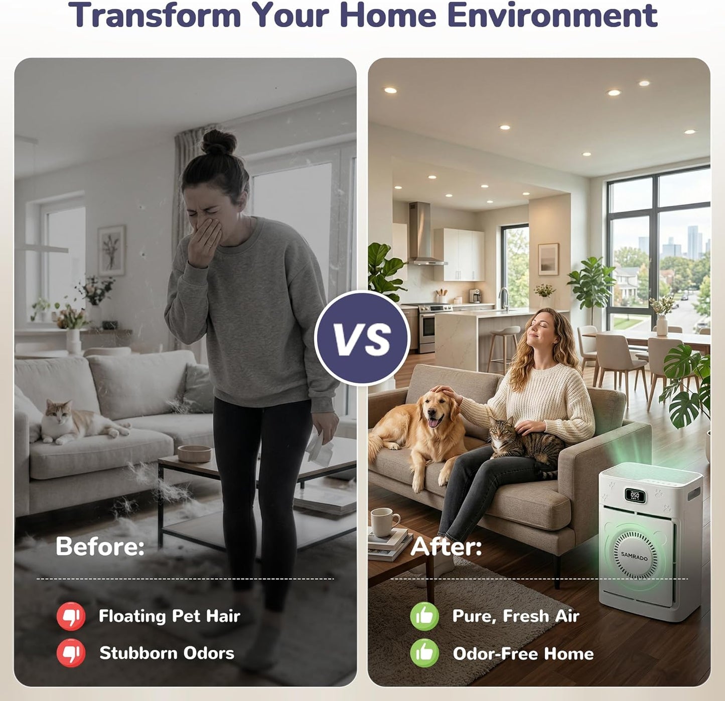 Smart Pet Hair Air Purifier For Home Large Room 2500 Sq Ft, True H13 HEPA Filter, Actively Sucks Up Dander Odor Smoke, Washable Mesh, WiFi App Control, White