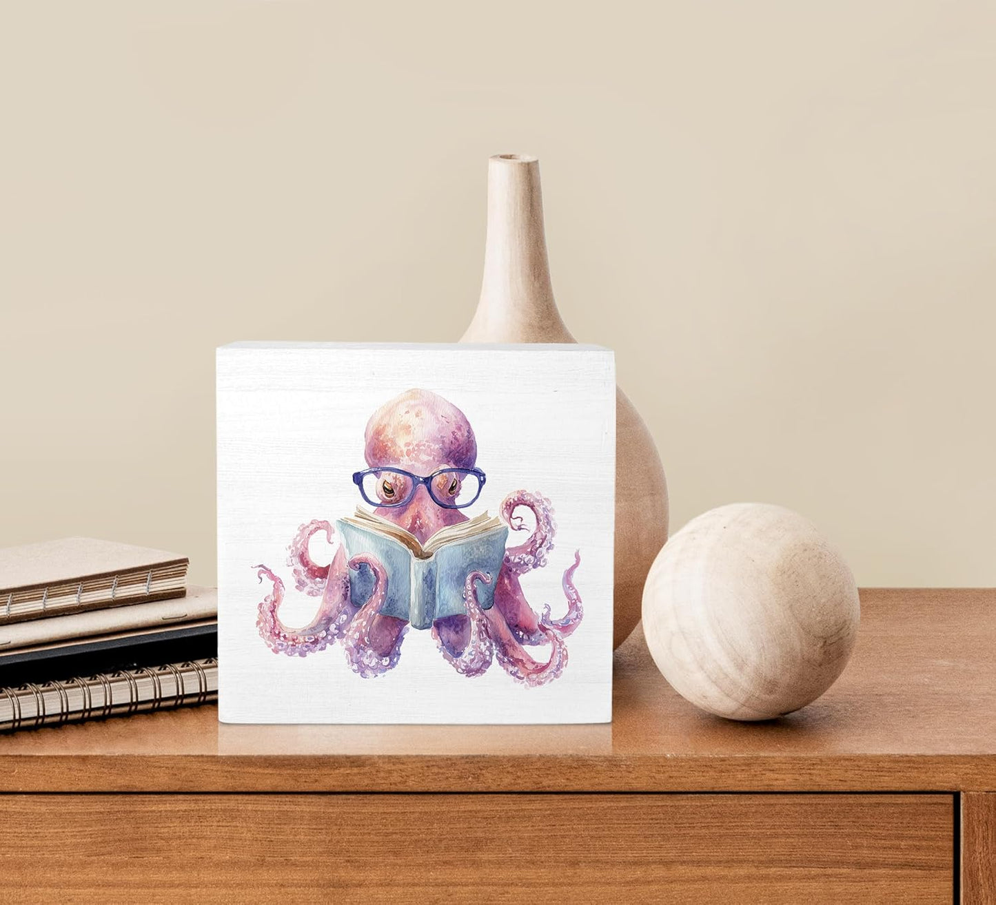 Ku-Dayi Funny Octopus Reading Wooden Box Sign, Book Lovers Gifts Wood Box Decorations for Library Classroom Reading Corner Nook Room, Book Lovers Gifts Wooden Block Plaque Desk Shelf Decor Accents 5x5 Inch