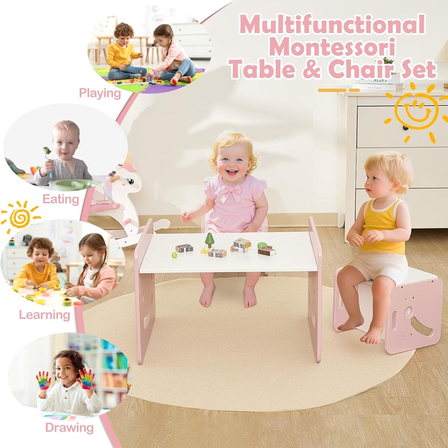FUNLIO Height Adjustable Montessori Weaning Table and Chair Set for Age 1-3, Quality Solid Wood Toddler Table and 2 Chairs, Kids Table and Chairs for Reading/Eating/Playing,CPC Certified - Pink