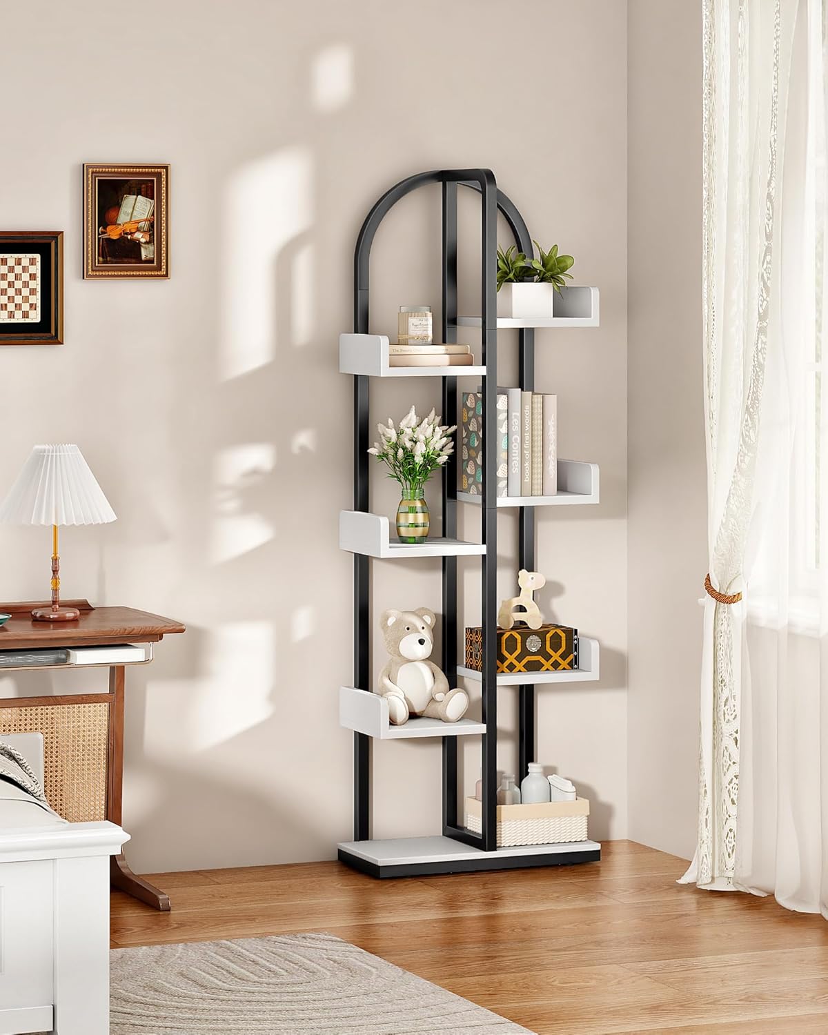 Corner Bookshelf, Curved 6-Tier Bookcase with Anti-Tip Kit, Adjustable Feet and Staggered Shelves for Living Room, Bedroom, Study, Office, White and Black TSJ06BW