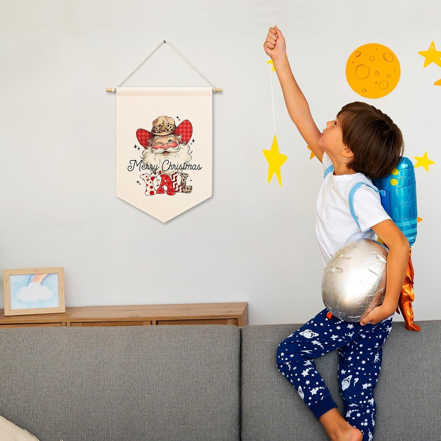 Merry Christmas Y'all Santa Kids Room Decor, Western Cowboys Cowgirls Banner Canvas, Rustic Winter Wall Hanging Frame Decor Art Pennant Flag for Toddler Room Playroom 11x15in