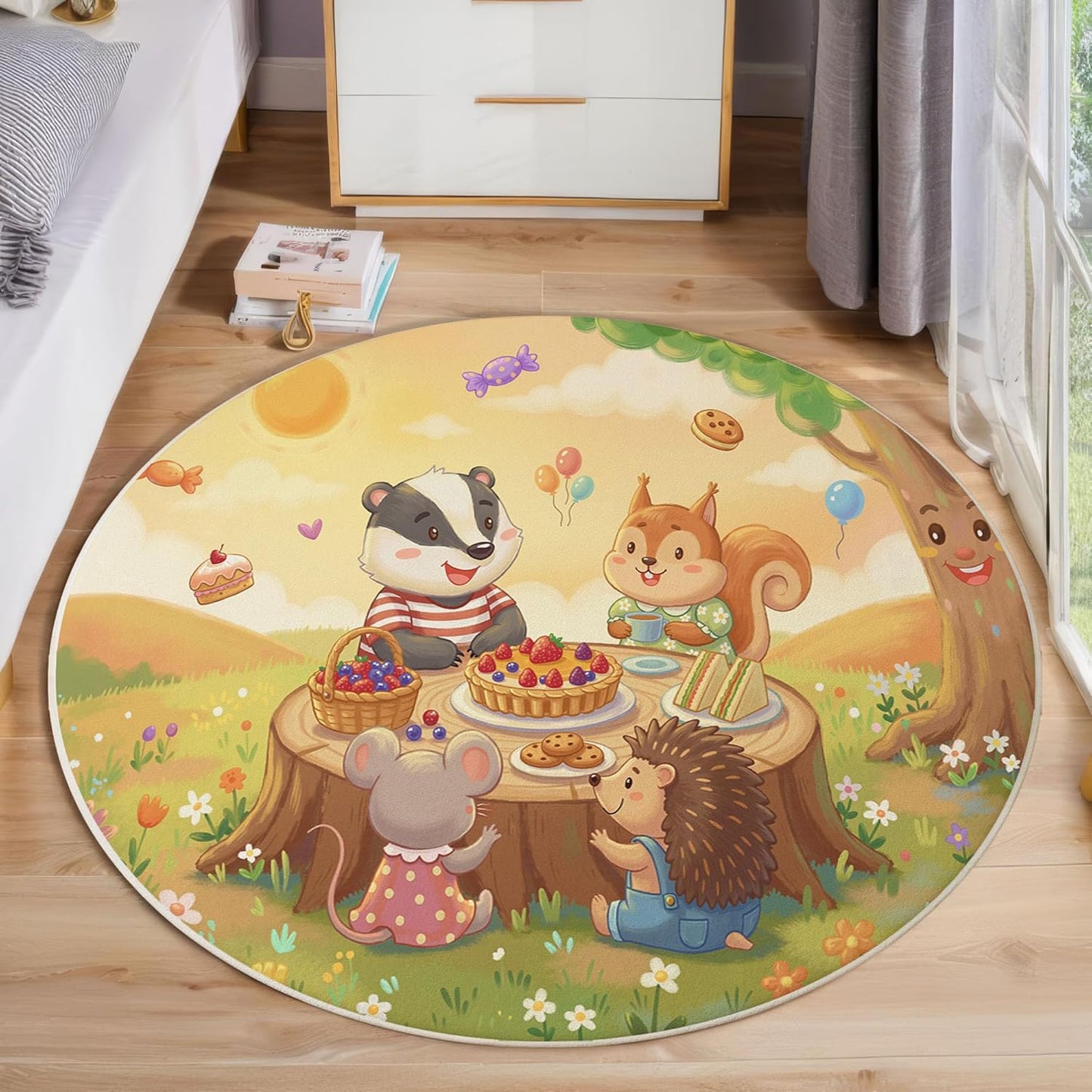 2Ft Round Washable Rug - Large Area Rug for Living Room Dining Room, Yellow Soft Bedroom Carpet with Cute Animals Party Pattern, Cartoon Illustration Décor, Low Pile Stain Resistant