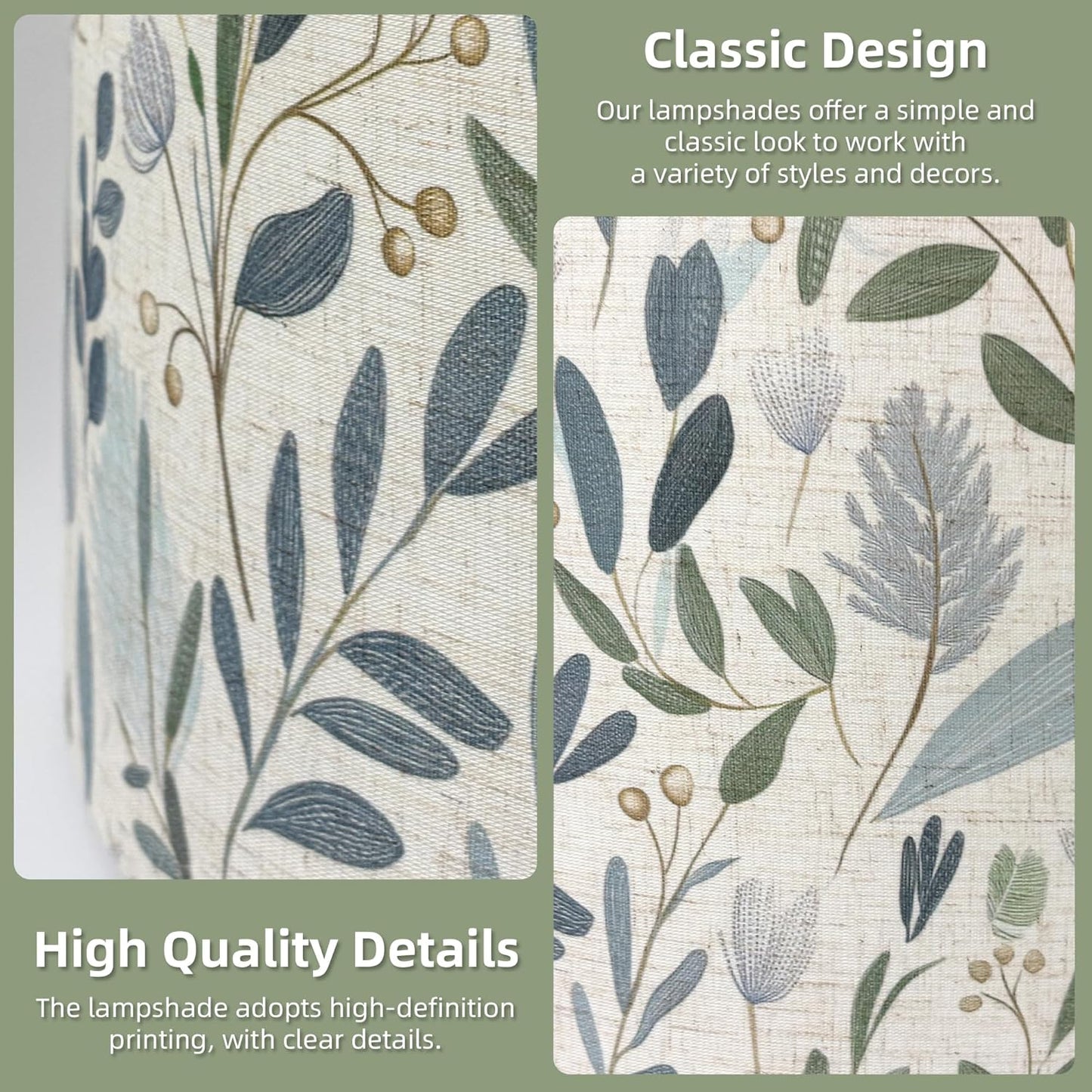Drum Lamp Shade 13 x 13 x 10 inch, Sage Green Botanical Print Linen Lampshade Replacement for Table Lamps & Floor Lamps, E26 E27 Compatible Spider Fitter Lamp Shade for Bedroom Living Room
