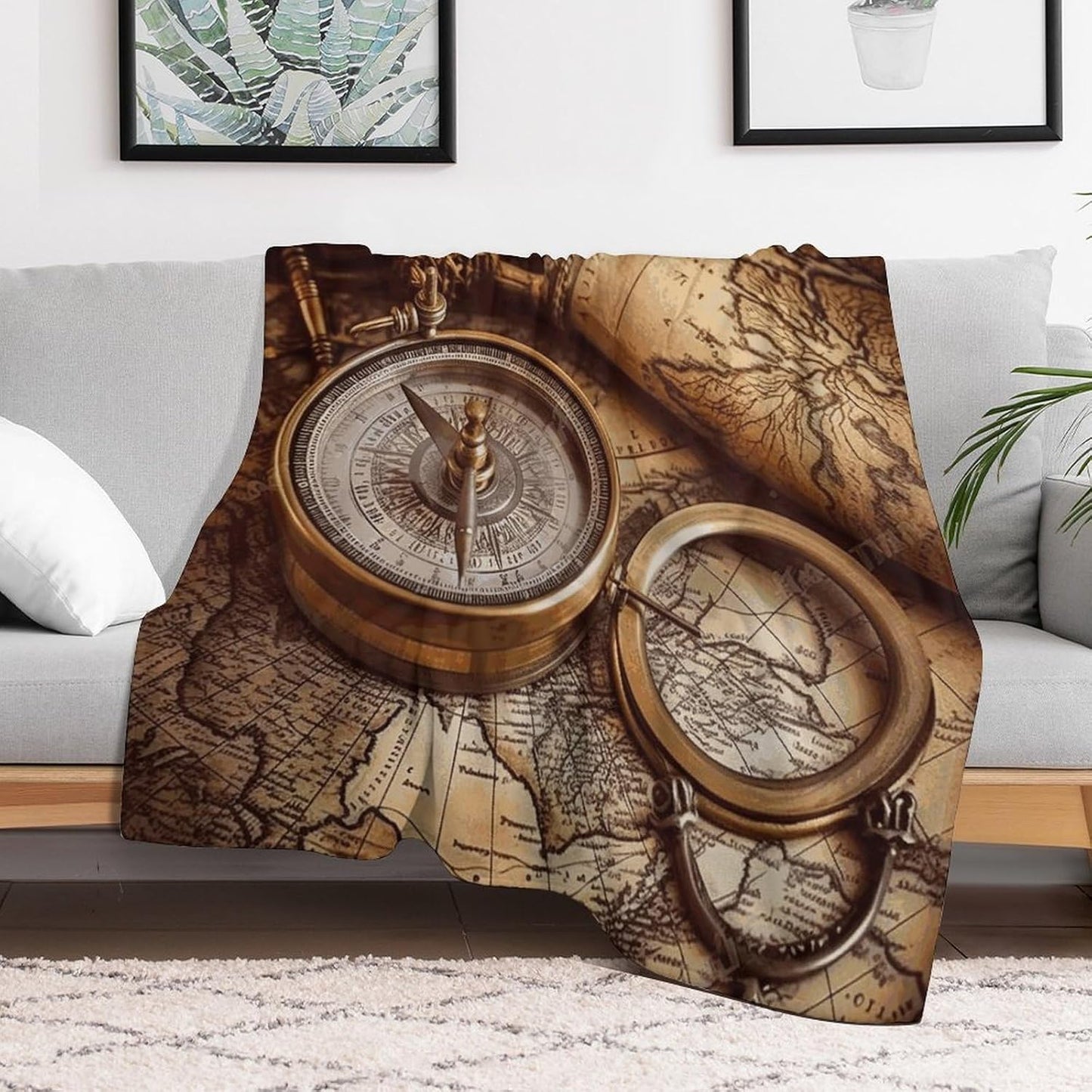 Compass and Old World Map Throw Blanket for Couch Super Soft Warm Lightweight Throw Blankets Cozy Flannel Bed Blanket Cute Decorative Blankets for All Seasons Home Decor Gift 60"*80"（150 * 200cm）