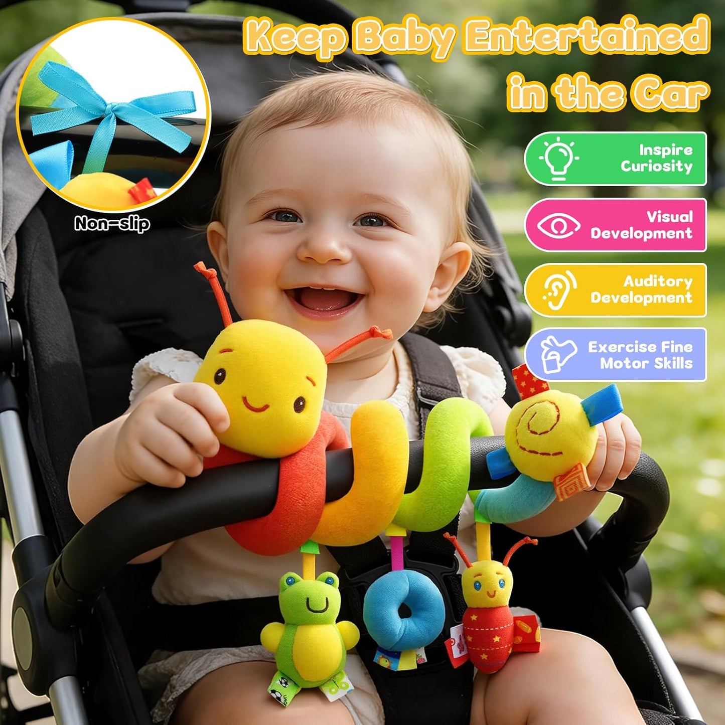 Baby Crib Hanging Rattles Toys - Infant Baby Worm Crib Bed Around Rattle Bell Cartoon Insect Spiral Hanging Toy with Ringing Bell for Infants Bed Stroller Car Seat Bar for Babies Boys and Girls