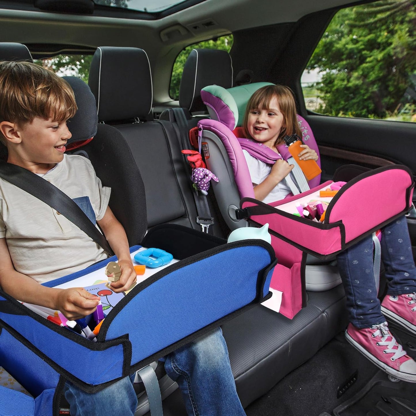Kids Travel Tray for Airplane - Toddler Car Seat Table Tray, Road Trip Essentials for Boys & Girls, Carseat Lap Desk for Kids Road Trip Activities (Pink-2PCS)