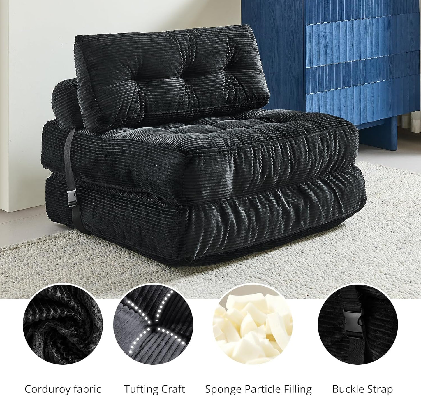 Folding Sofa Bed, Convertible Sleeper Chair with Pillow, Foldable Mattress with Back Support, Portable Floor Sofa Lounge for Living Room Bedroom Dorm