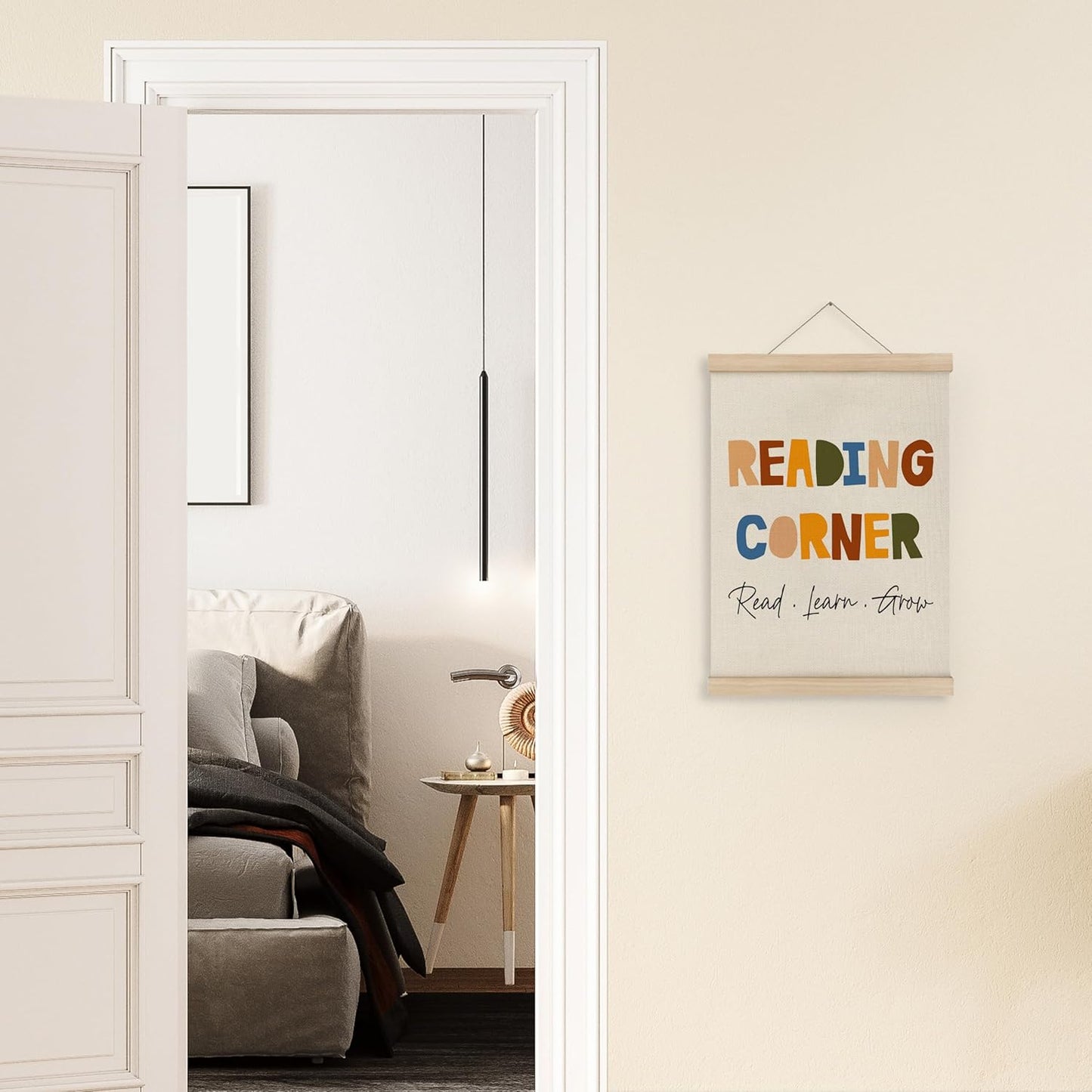 MAQIKA Reading Corner Poster Framed with Wood Hanger, Kids Reading Nook Hanging Wall Decor, Nursery Library Sign Canvas Wall Art Paint for Playroom School 12x16
