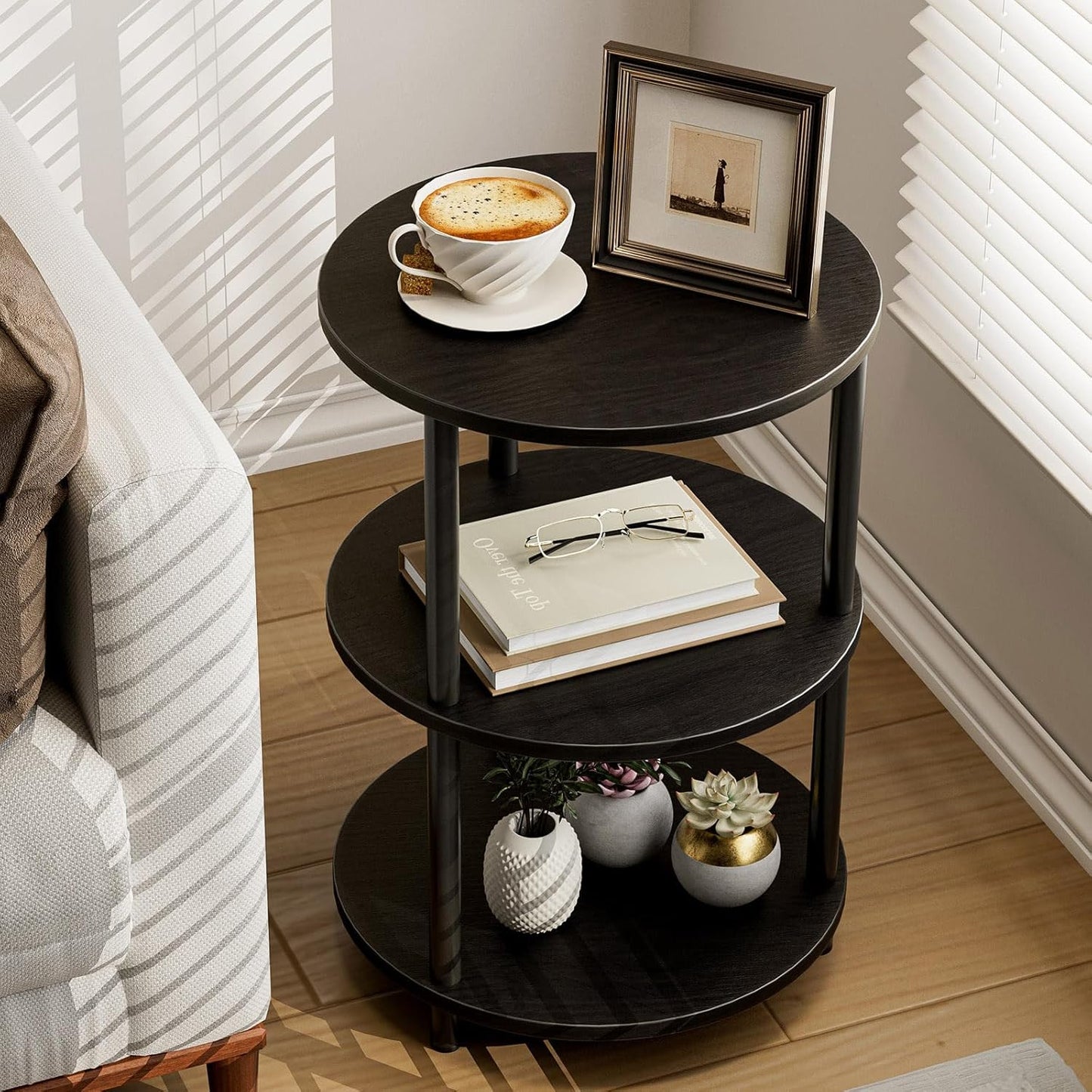 Small Round End Table - 3 Tier Design Accent Table, Narrow Side or Bedside Stand, Industrial Vintage Nightstand for Bedroom, Living Room, or Small Spaces, Charcoal Wenge