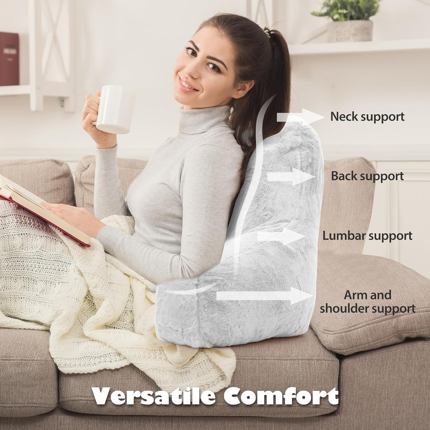 Reading Pillow, Back Support Pillow for Bed Sitting Up, Standard Bed Rest Pillow with Arms for Adults,Back Support Pillow for Couch and Chair, Bed Reading Pillow, White