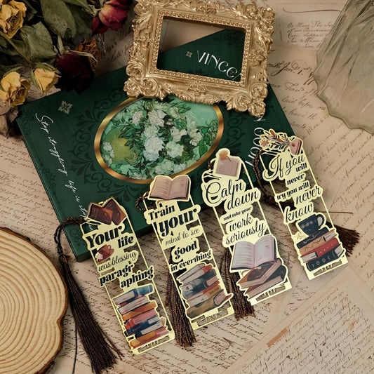 4-Pack Metal Golden Hollow Inspirational Bookmarks with Tassels – Vintage Book Lover's Gift, Motivational Quotes Book Marks for Reading Enthusiasts, Students, Teachers, Men, Women
