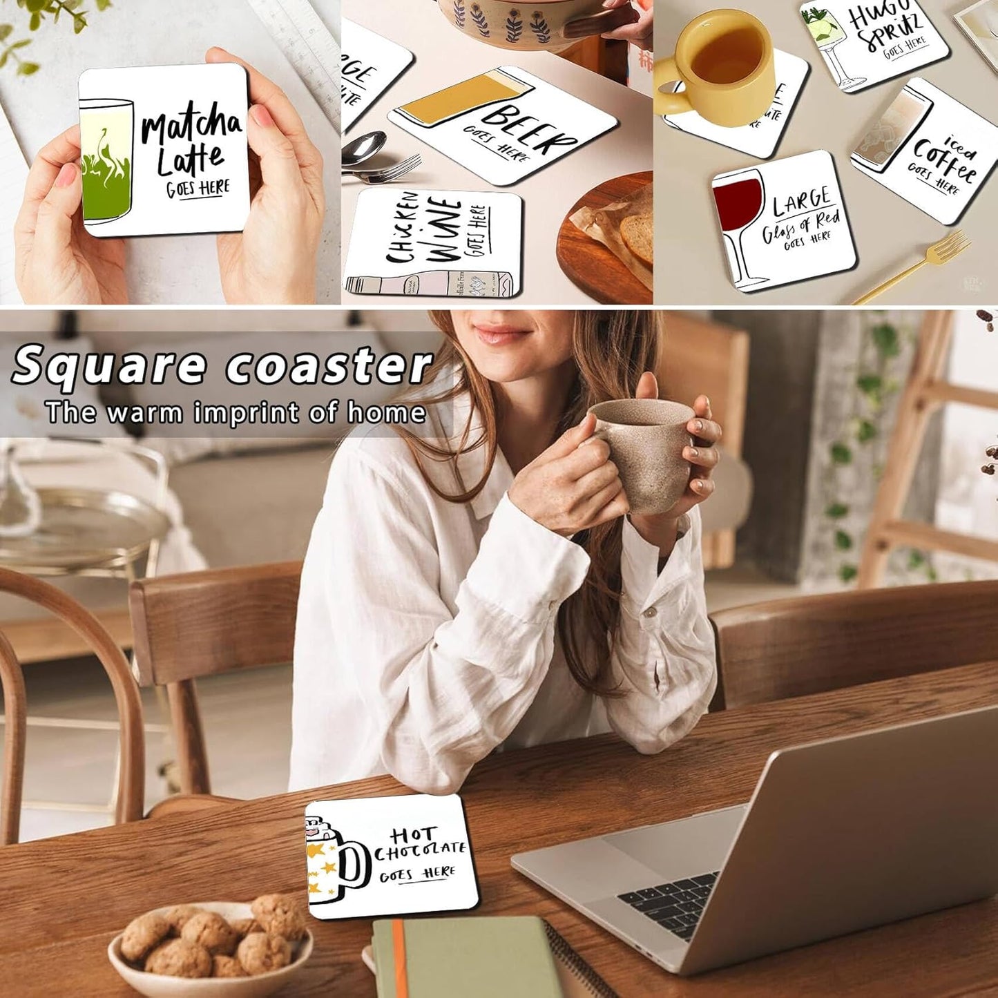 Square Hot Chocolate Coasters for Drinks, Funny Drink Coasters Set of 2, Chocolates Coaster for Home Office Table Kitchen Desk Decor, Birthday Gifts for Women Men Mom Hot Chocolate Lover